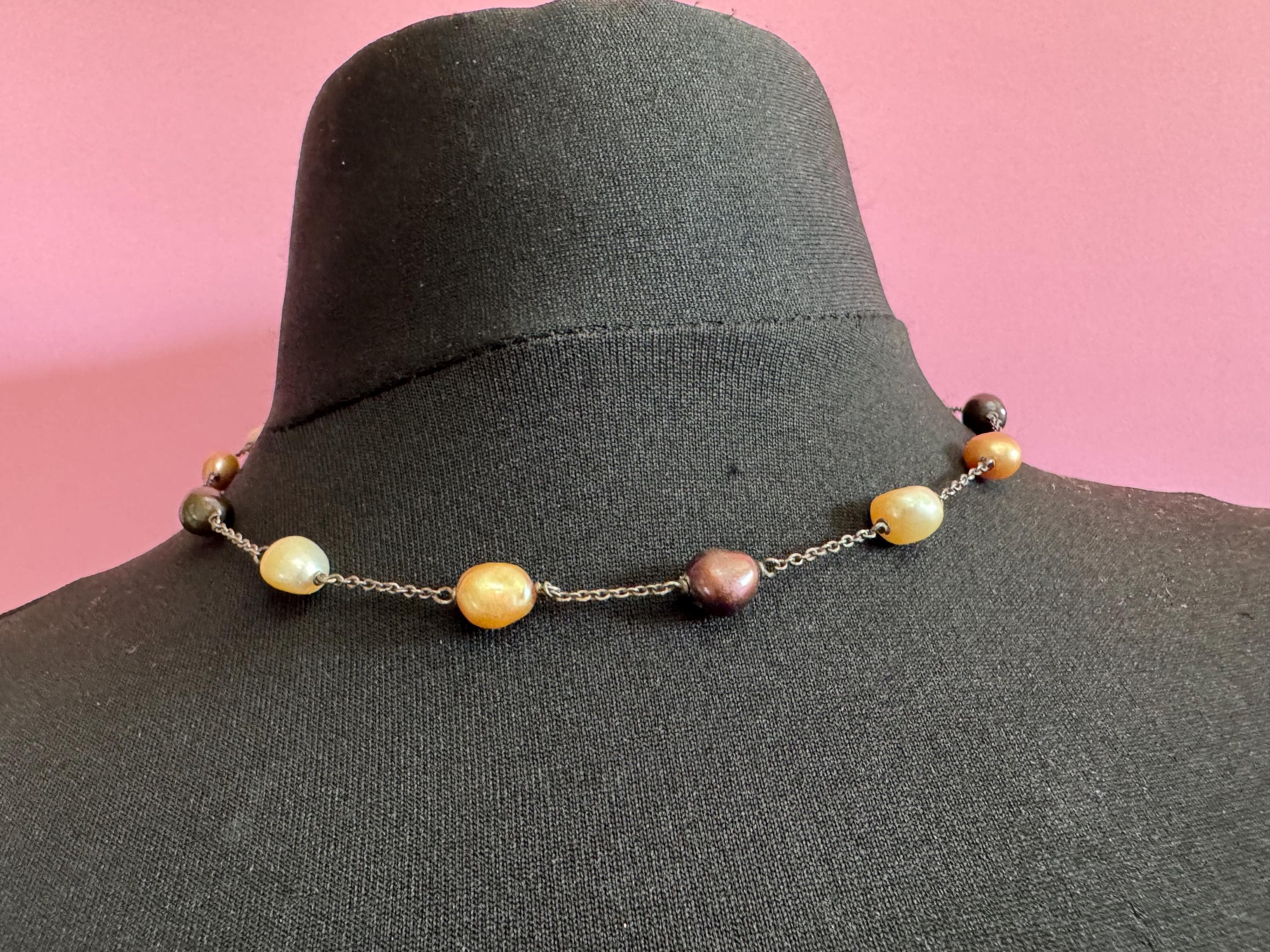 925 sterling silver natural cultured brown cream beaded sea pearl station chain necklace 11.7gms 46cm