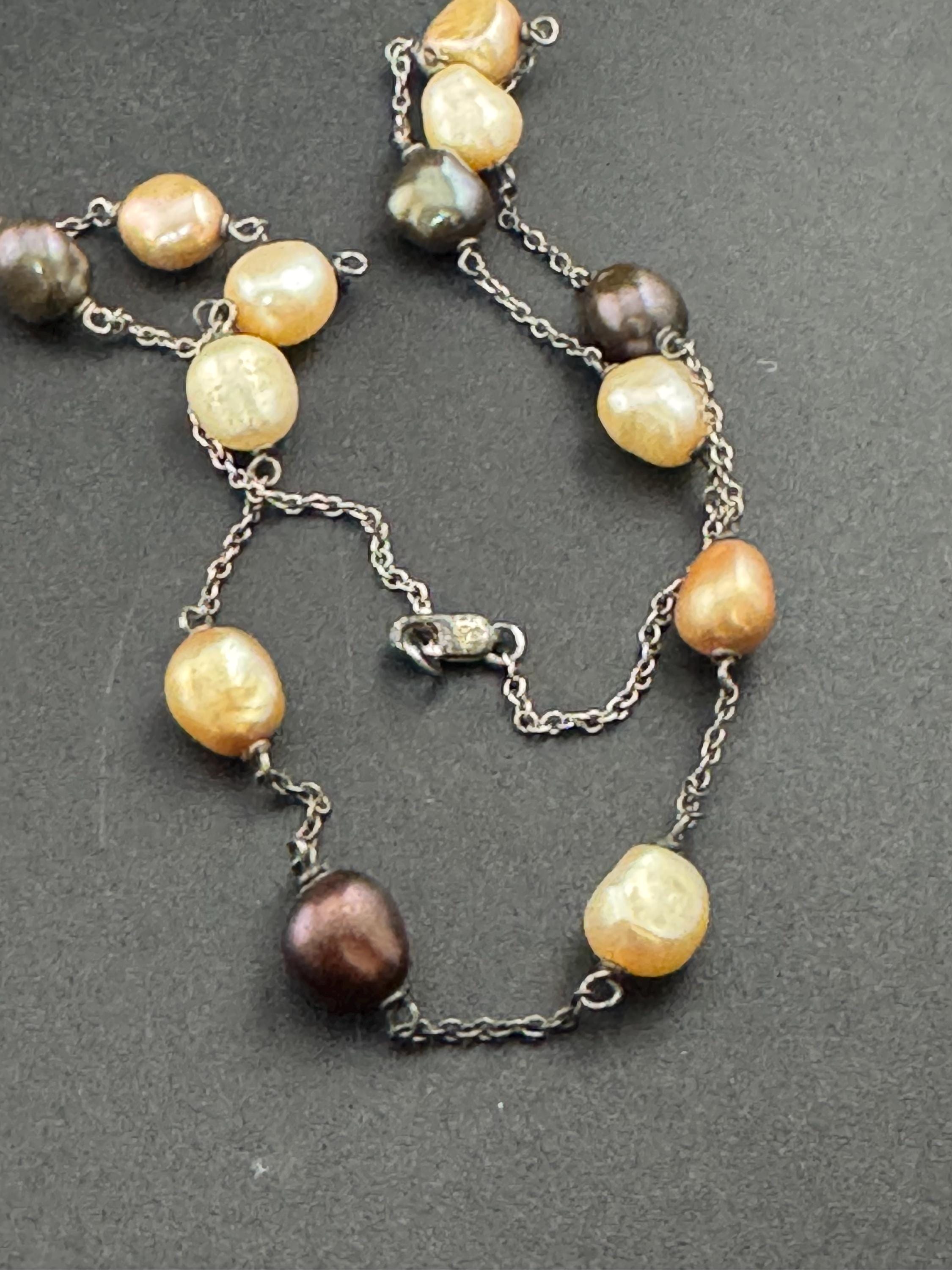 925 sterling silver natural cultured brown cream beaded sea pearl station chain necklace 11.7gms 46cm