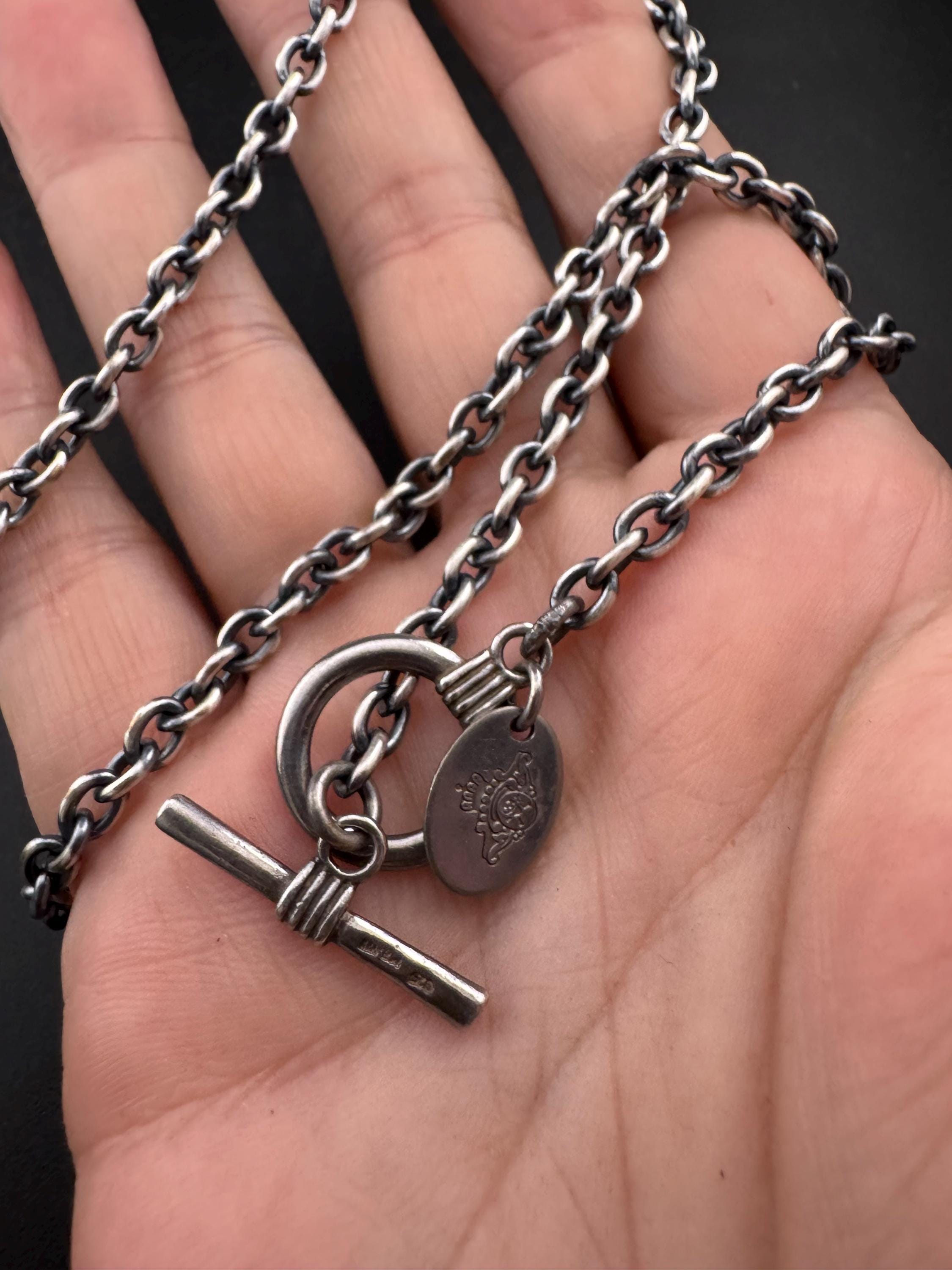 MAWI London Sterling Silver Chain Necklace: Darkened Cable Link, T-Bar