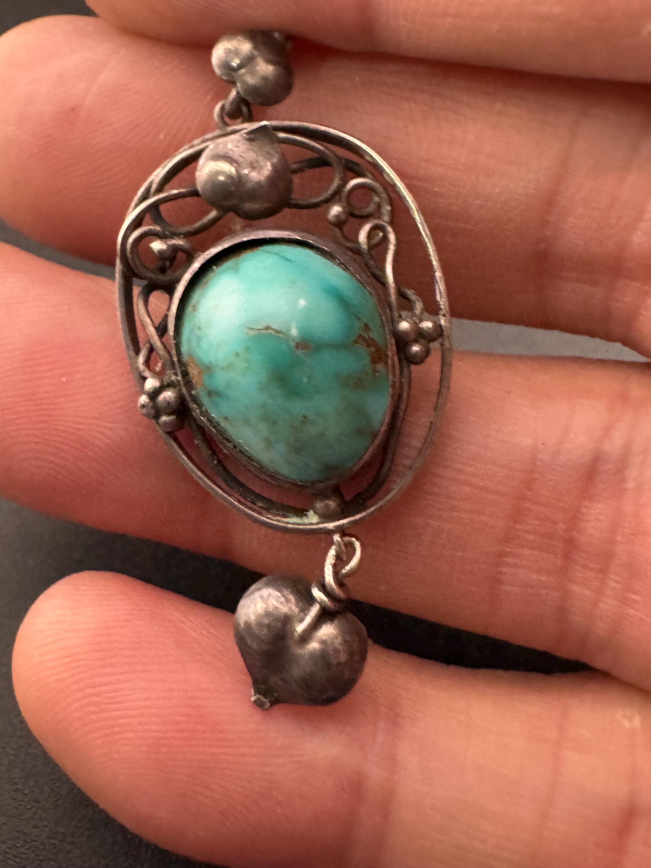 Antique art nouveau natural  turquoise cabochon gemstone drop pendant 925 sterling silver