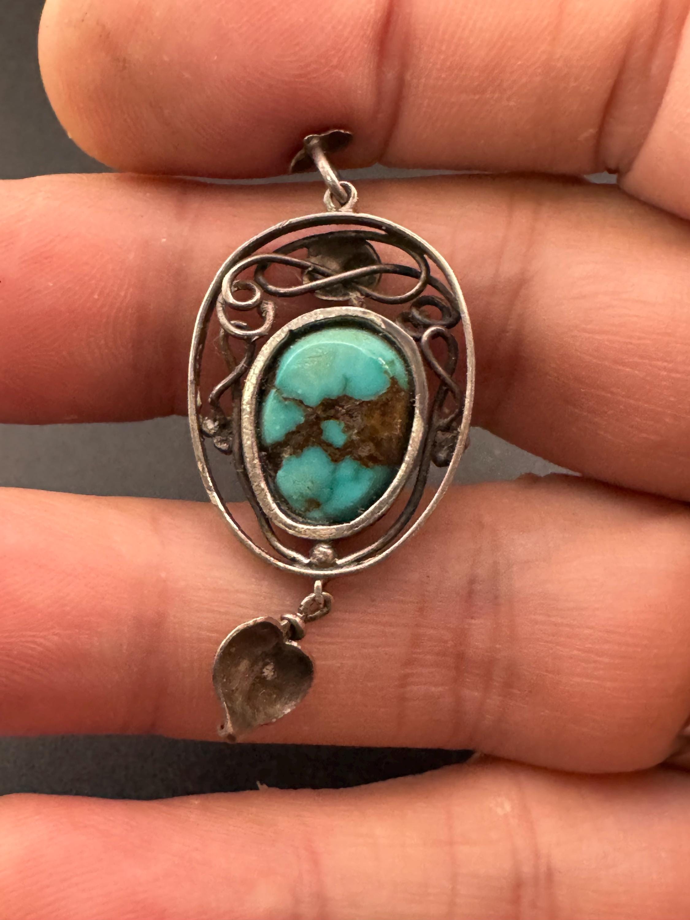 Antique art nouveau natural  turquoise cabochon gemstone drop pendant 925 sterling silver