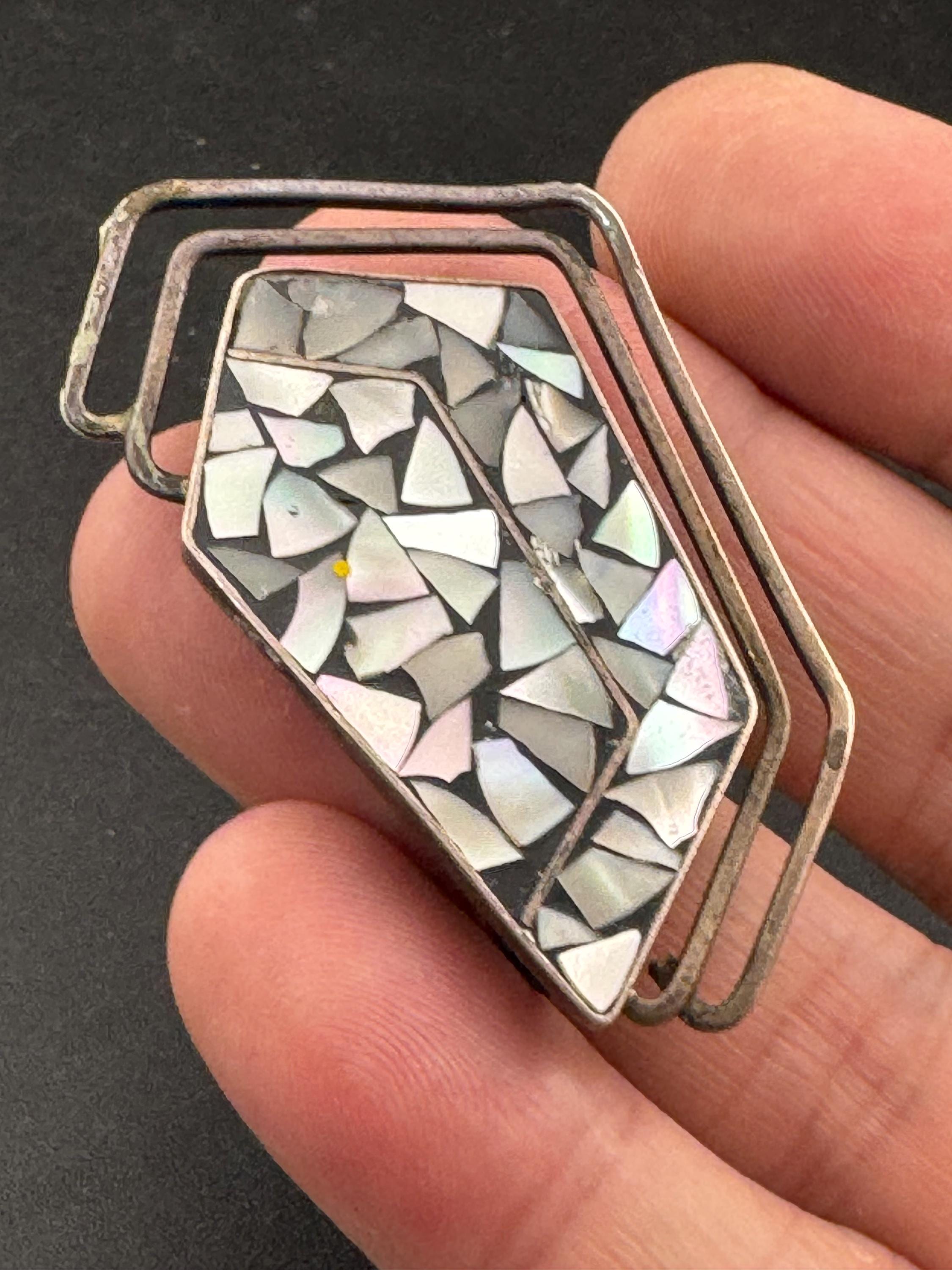 Signed Israel Sterling Silver Brooch: Mid-Century Modernist Mother of Pearl