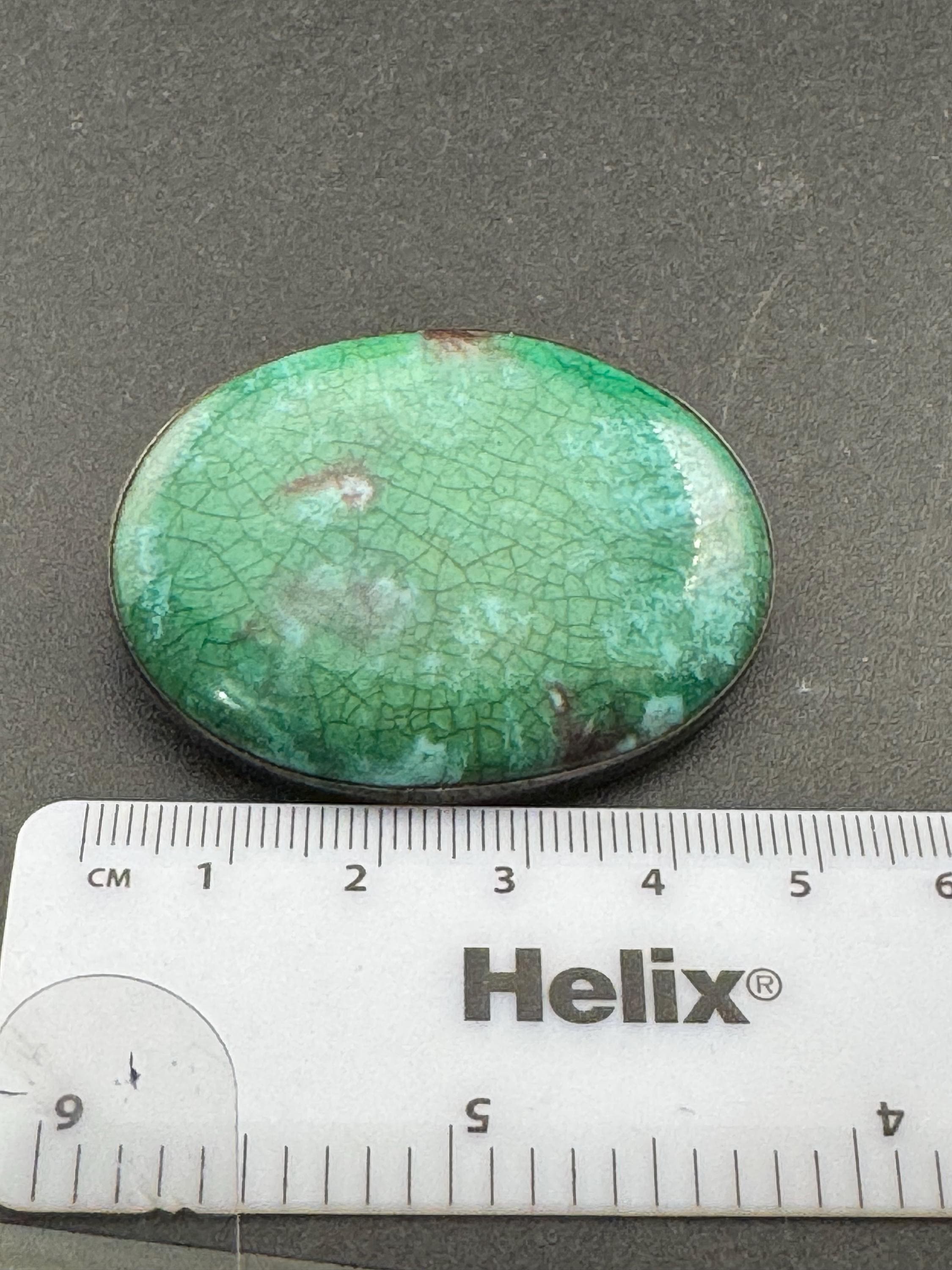 Art Deco Green Crackle Pottery Brooch: Sterling Silver Ruskin Style