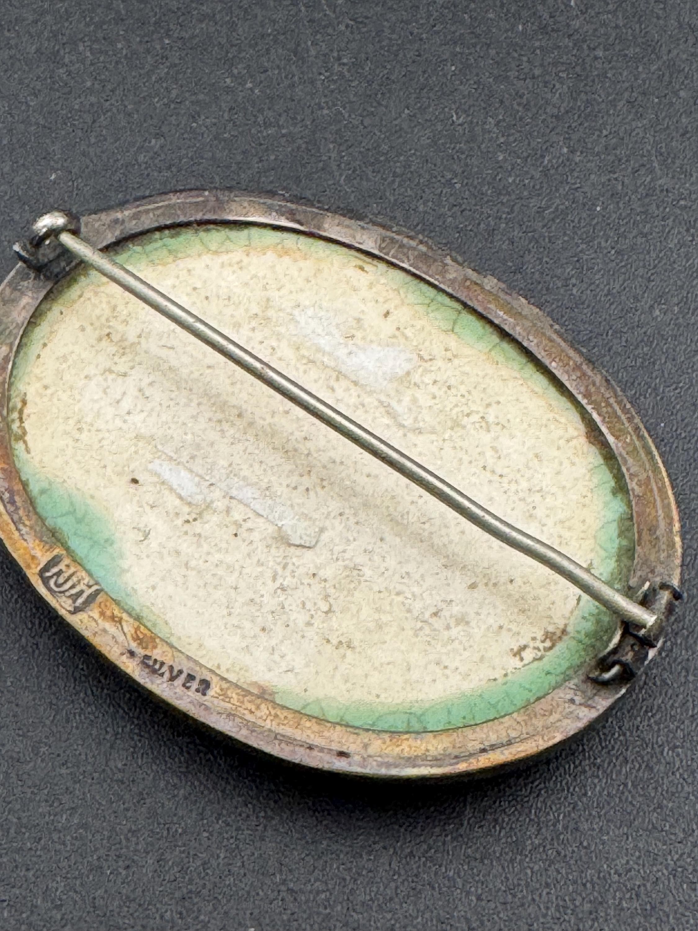 Art Deco Green Crackle Pottery Brooch: Sterling Silver Ruskin Style
