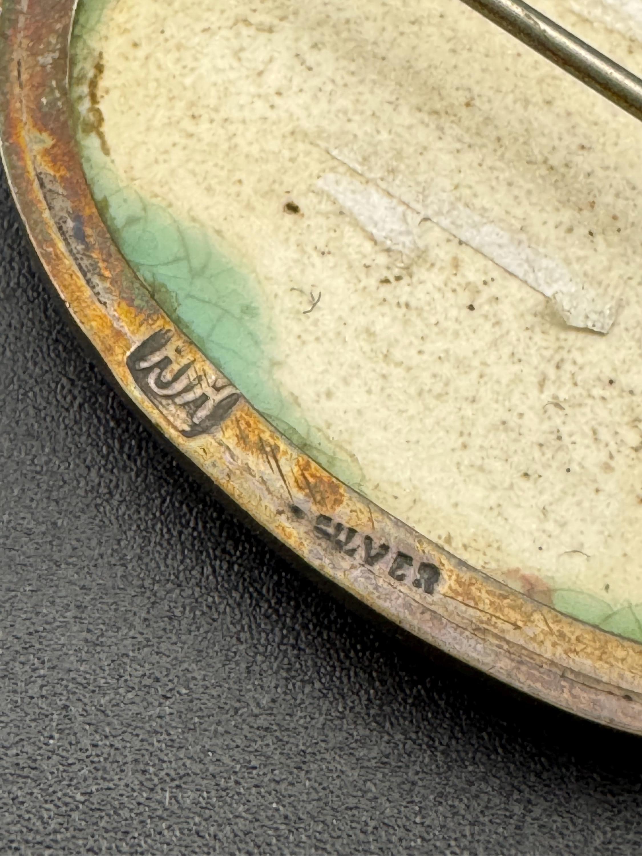 Art Deco Green Crackle Pottery Brooch: Sterling Silver Ruskin Style