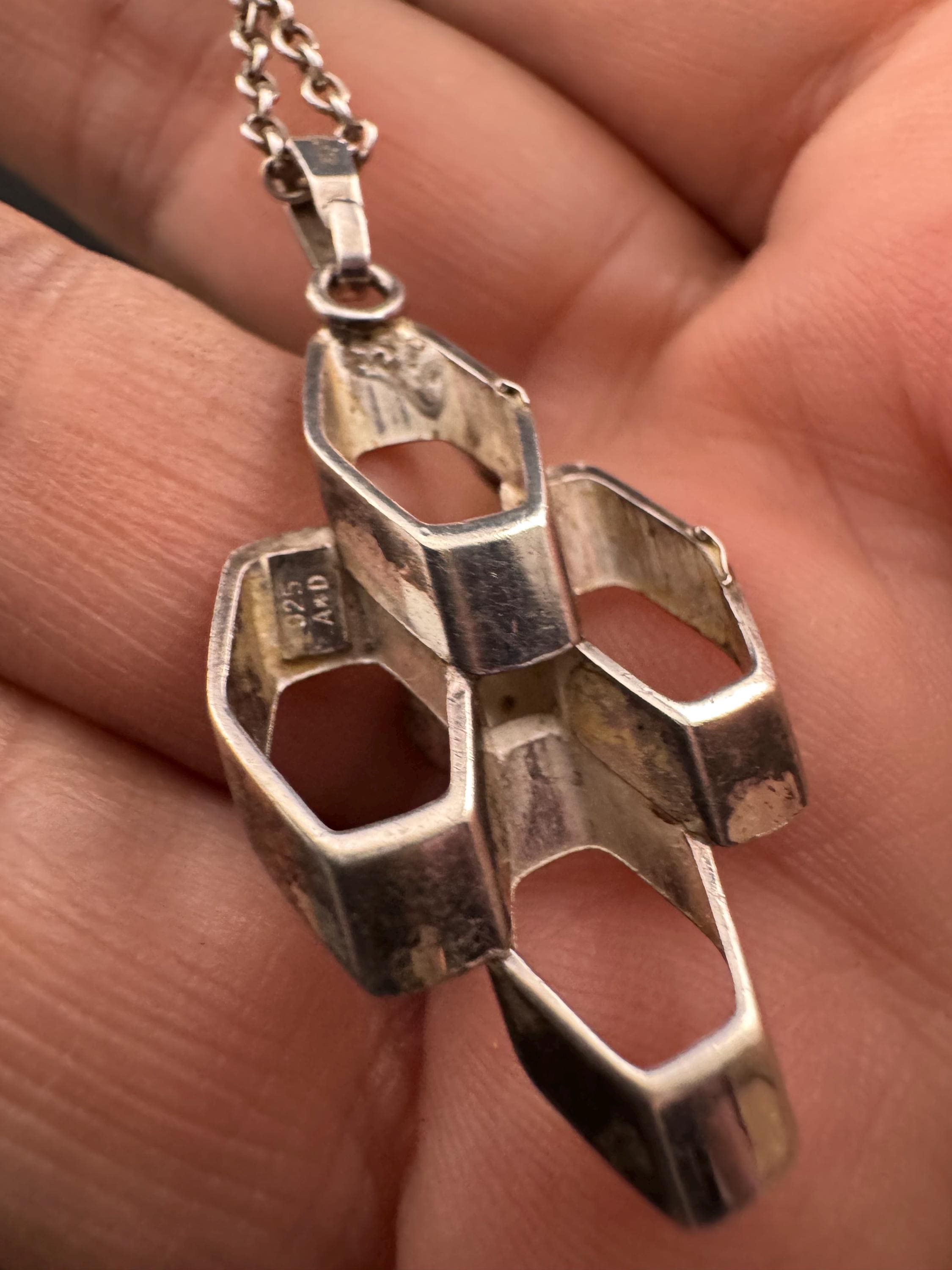 Signed A&D Andreas Daub 925 sterling Silver brutalist modernist pendant on an 19” chain