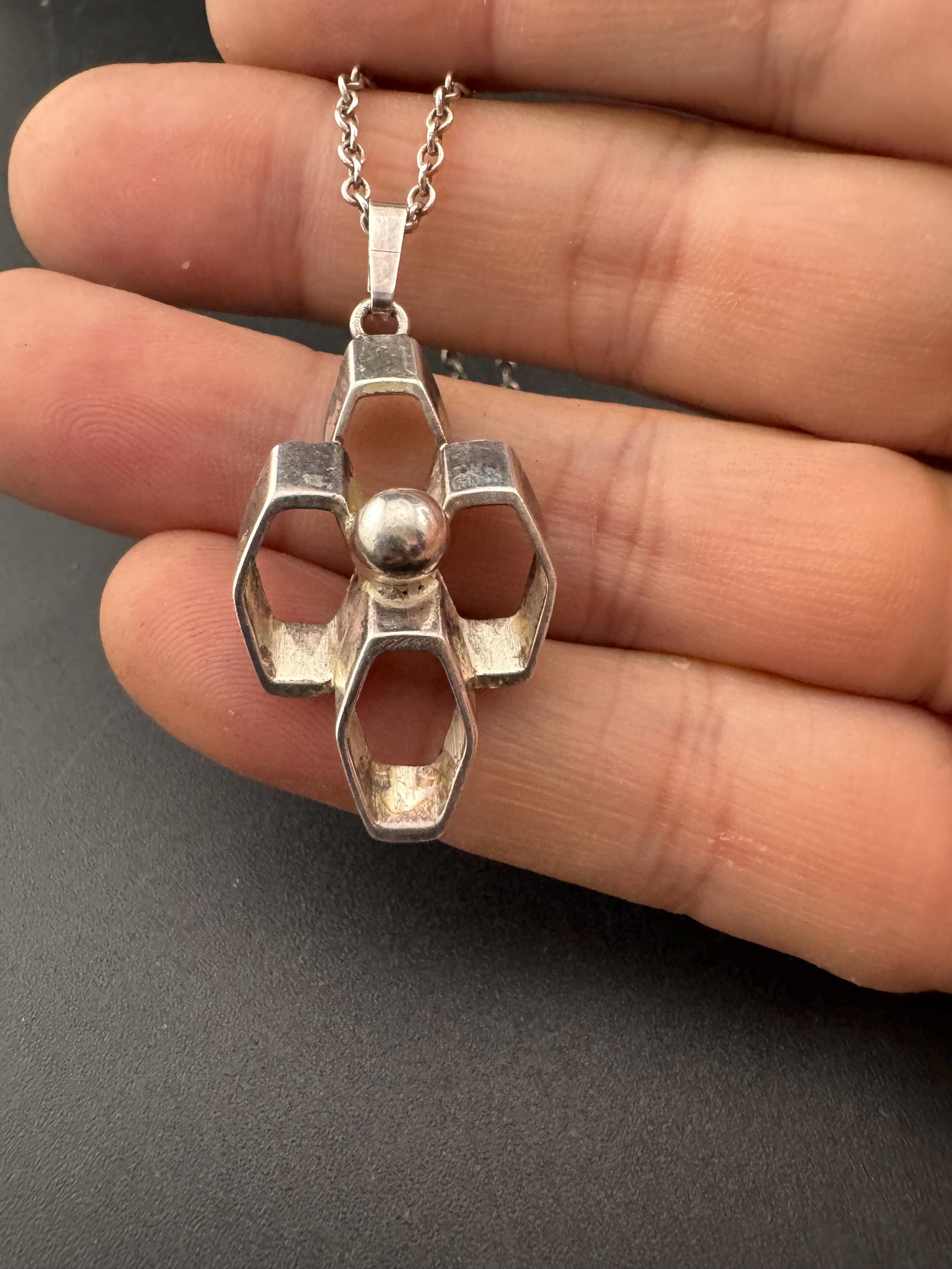 Signed A&D Andreas Daub 925 sterling Silver brutalist modernist pendant on an 19” chain