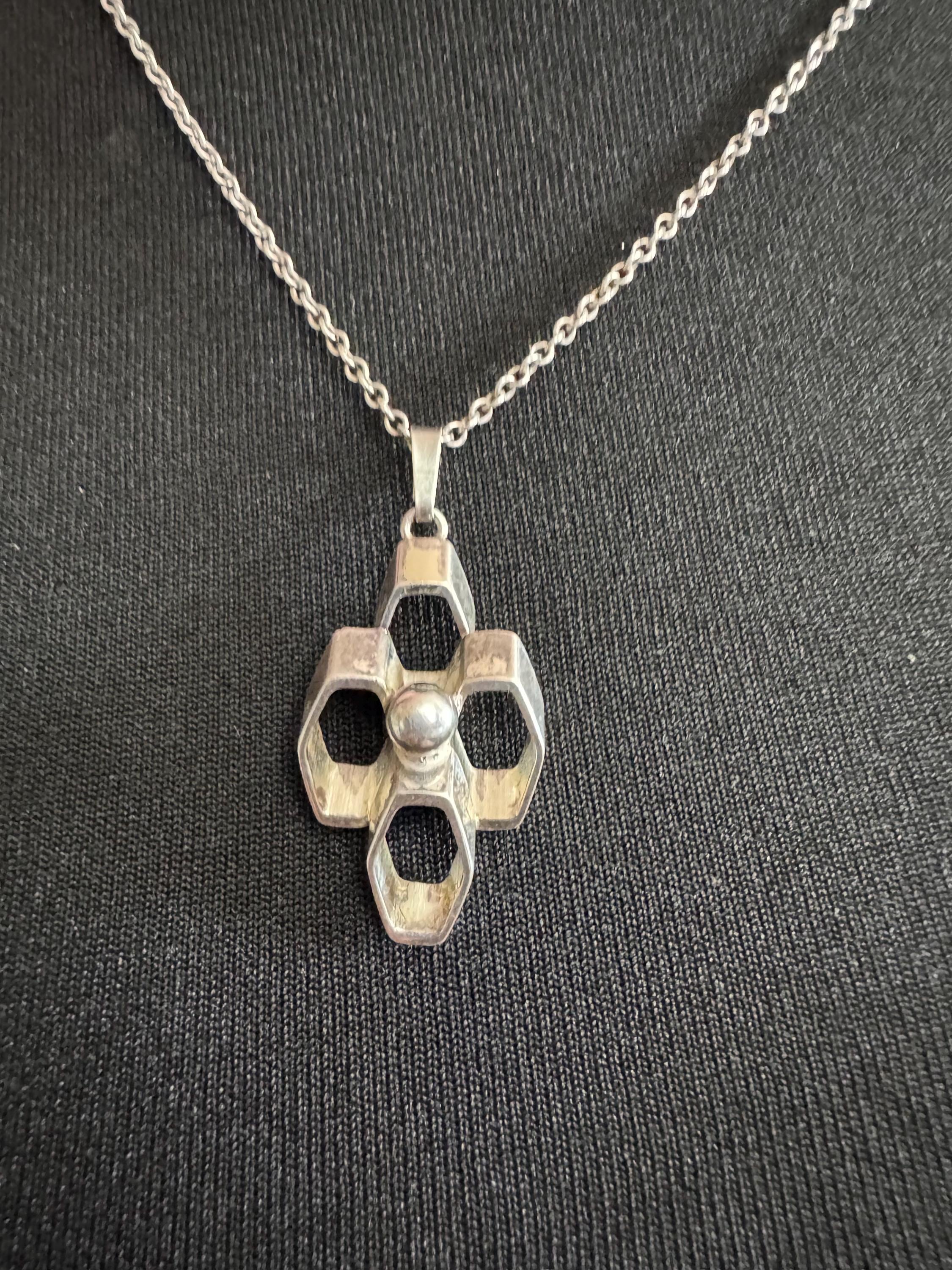Signed A&D Andreas Daub 925 sterling Silver brutalist modernist pendant on an 19” chain