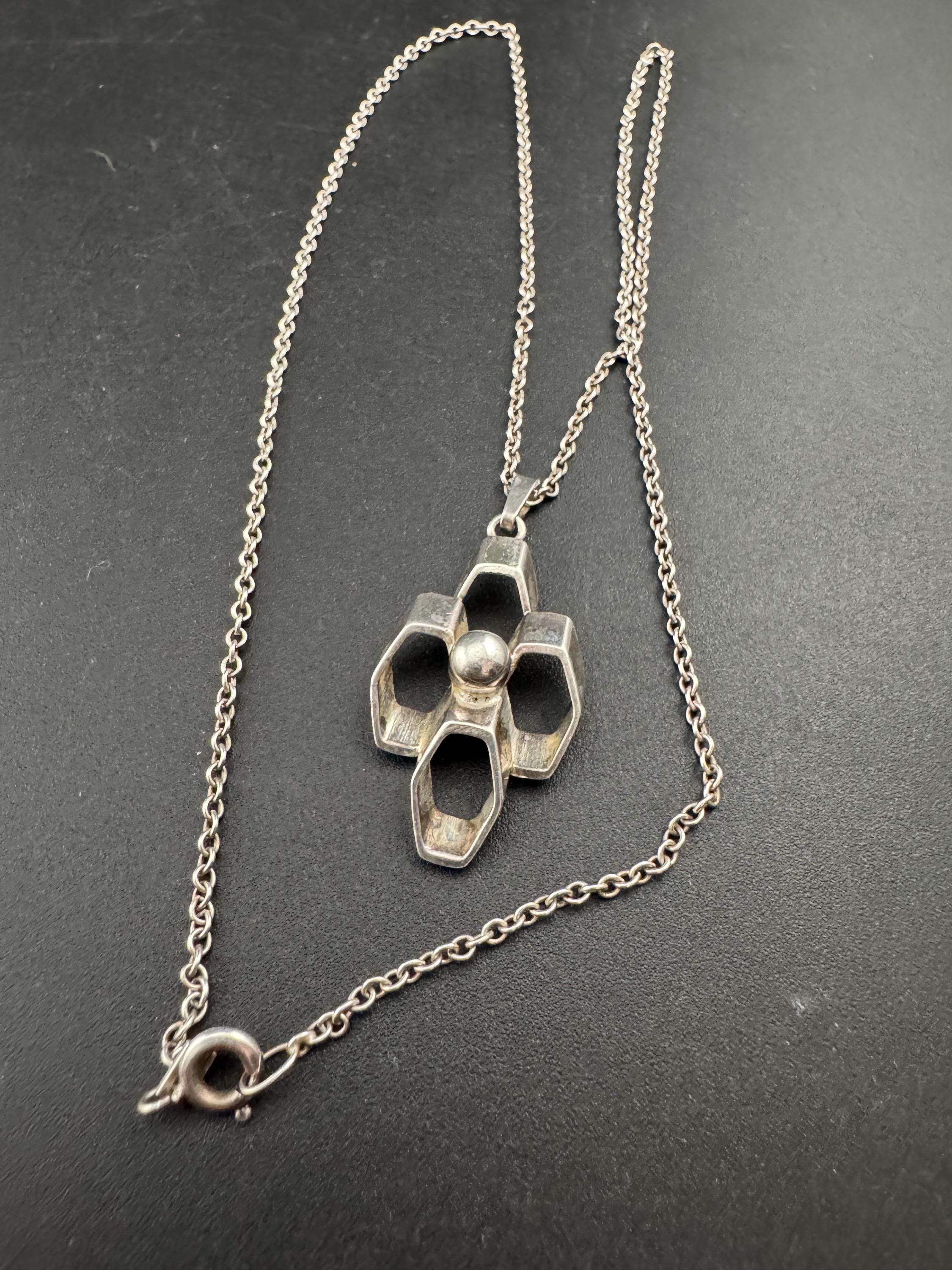 Signed A&D Andreas Daub 925 sterling Silver brutalist modernist pendant on an 19” chain