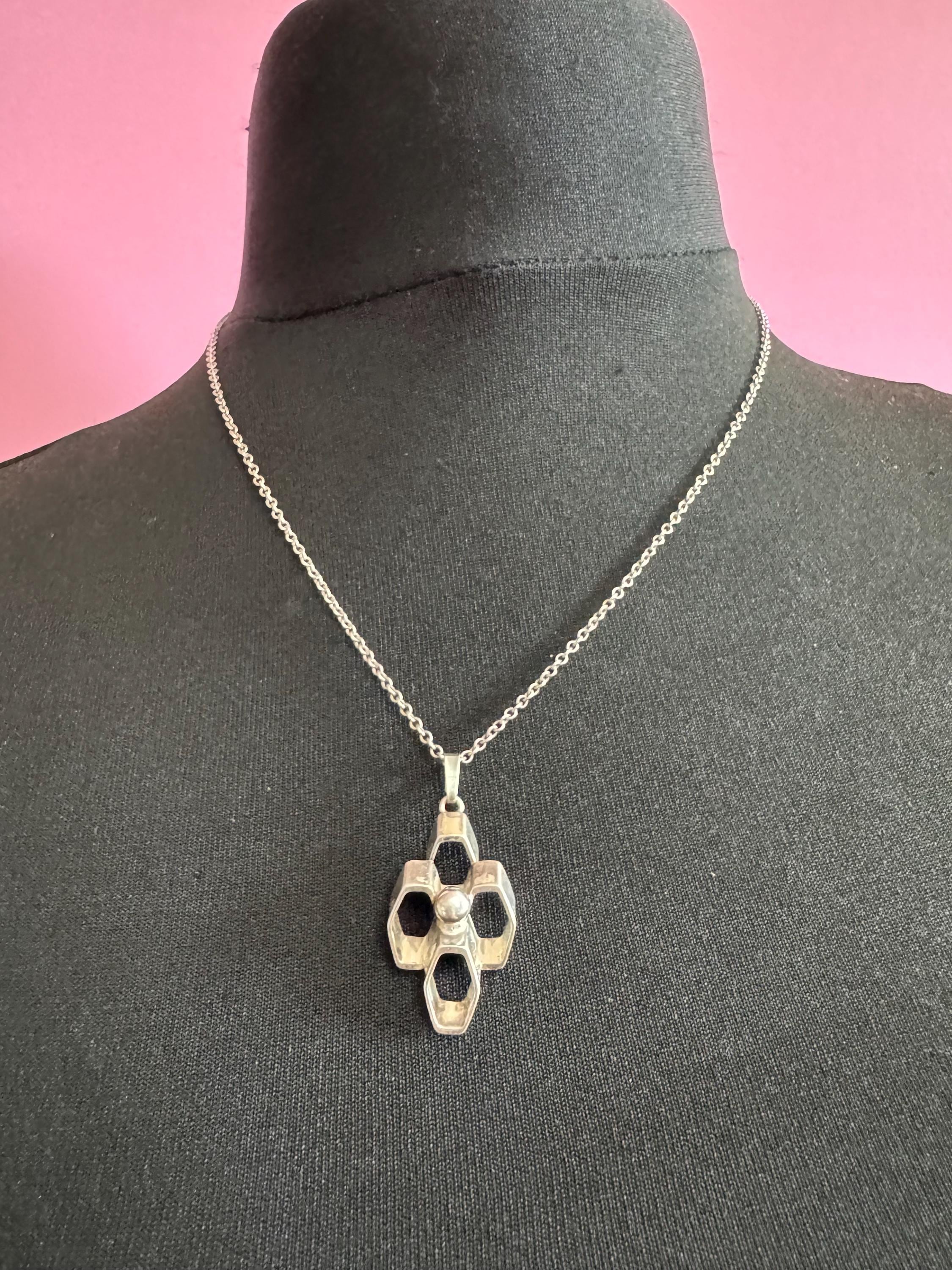 Signed A&D Andreas Daub 925 sterling Silver brutalist modernist pendant on an 19” chain