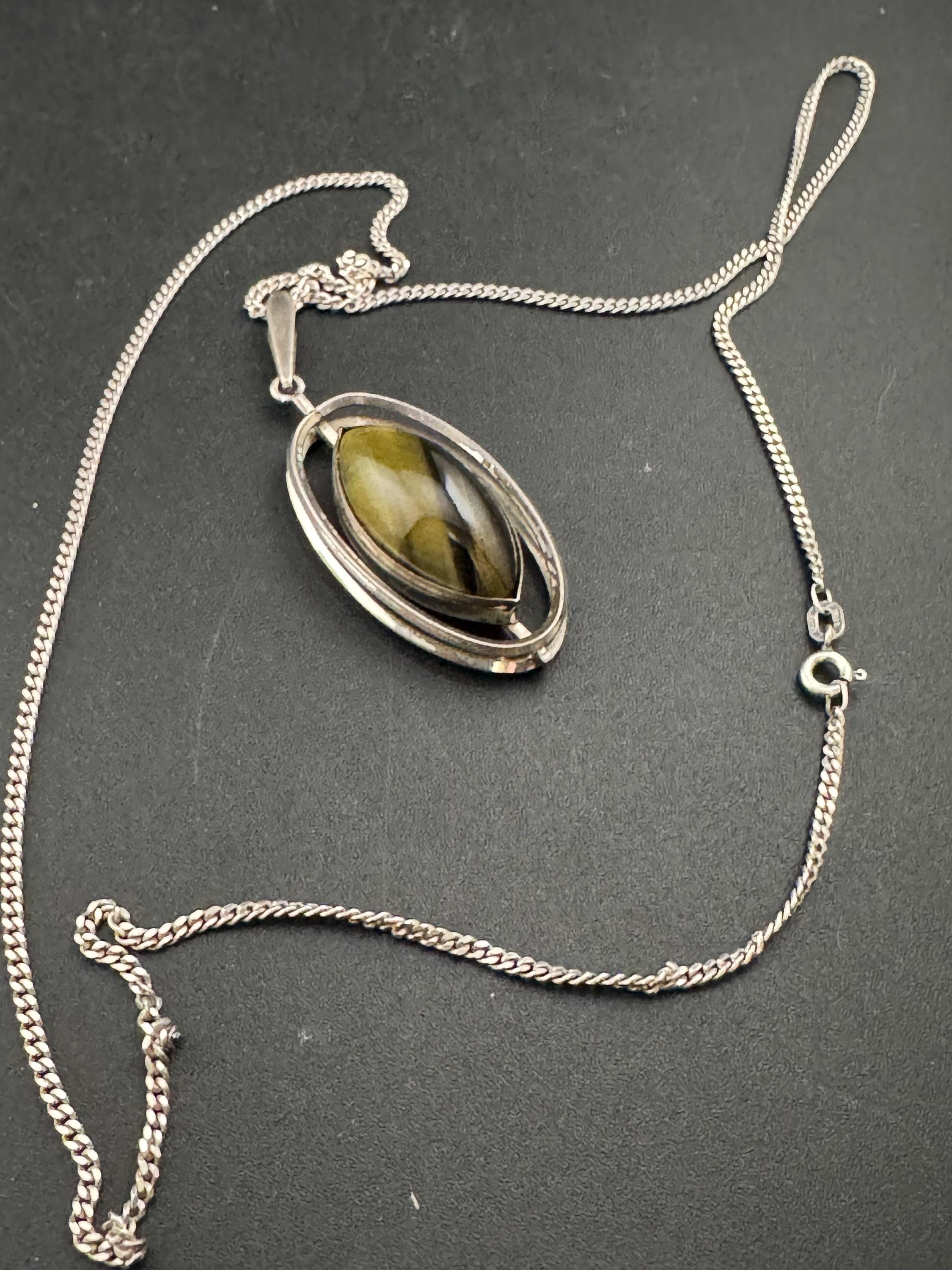 Vintage K&L Sterling Silver Tiger's Eye Pendant Necklace - 1970s