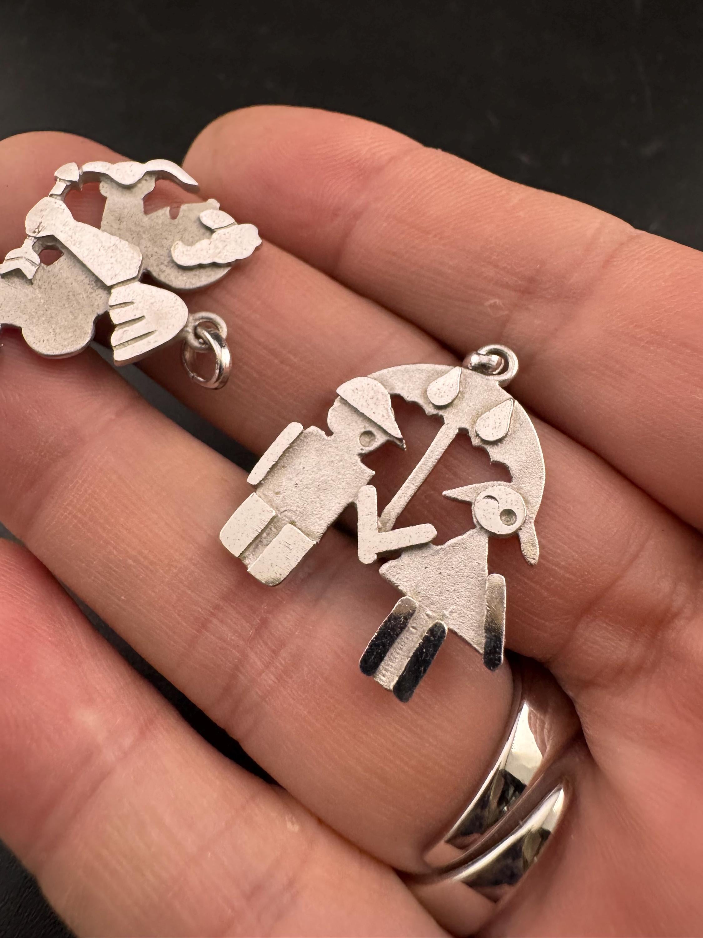 Vintage 1970s Sterling Silver Lovers Pendant: Girl and Boy Under Umbrella