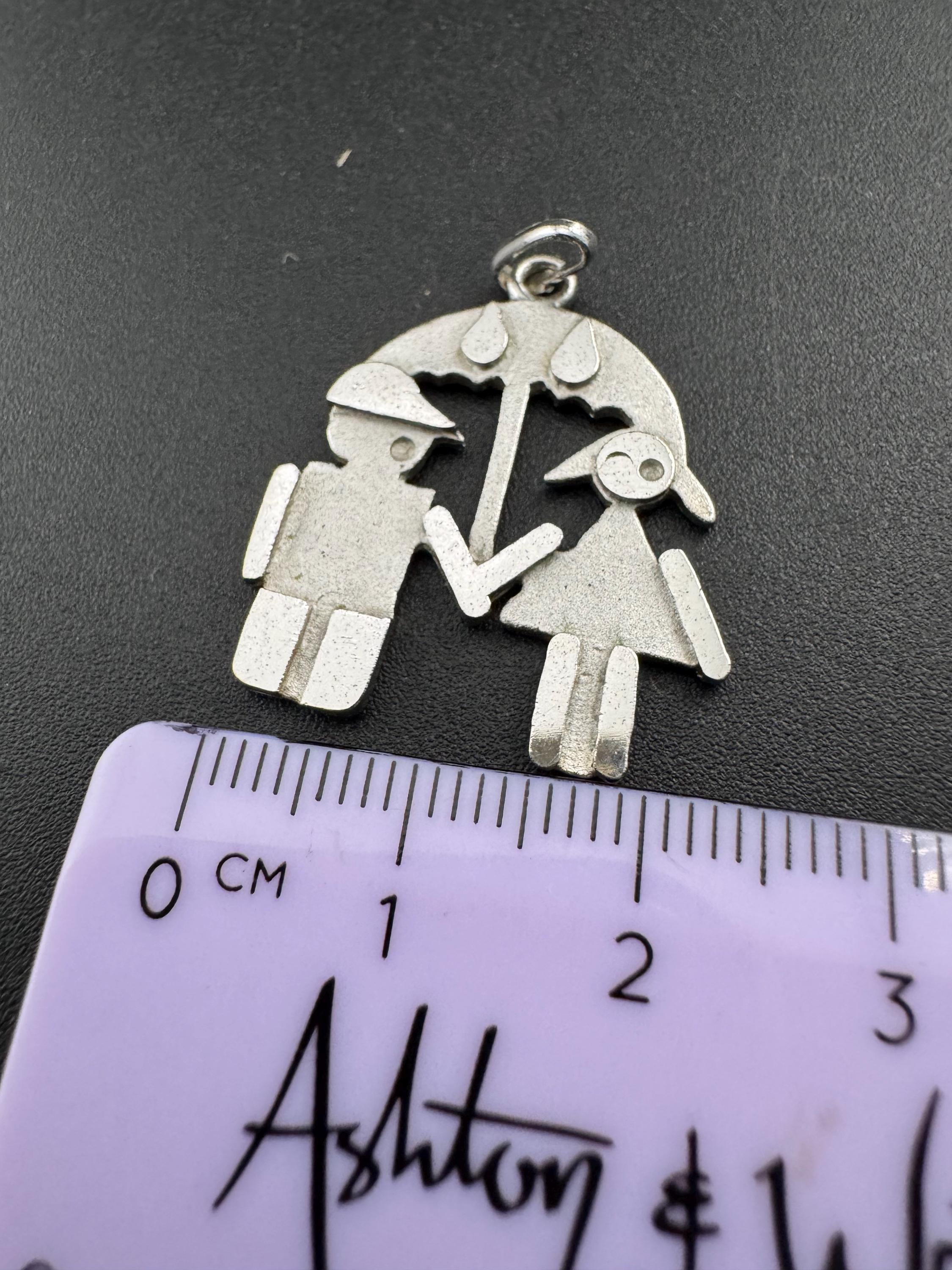 Vintage 1970s Sterling Silver Lovers Pendant: Girl and Boy Under Umbrella