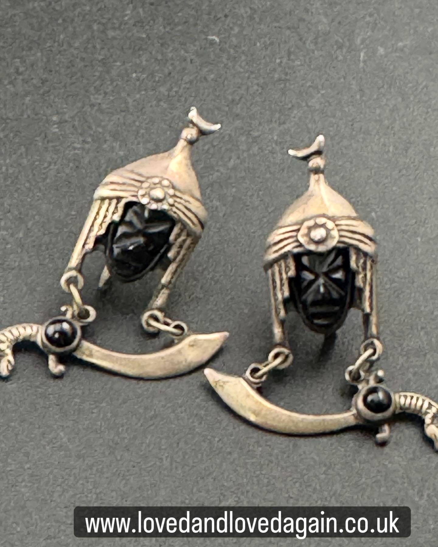 vintage Mexican Sterling silver and Obsidian Moorish Design face earrings, screw back