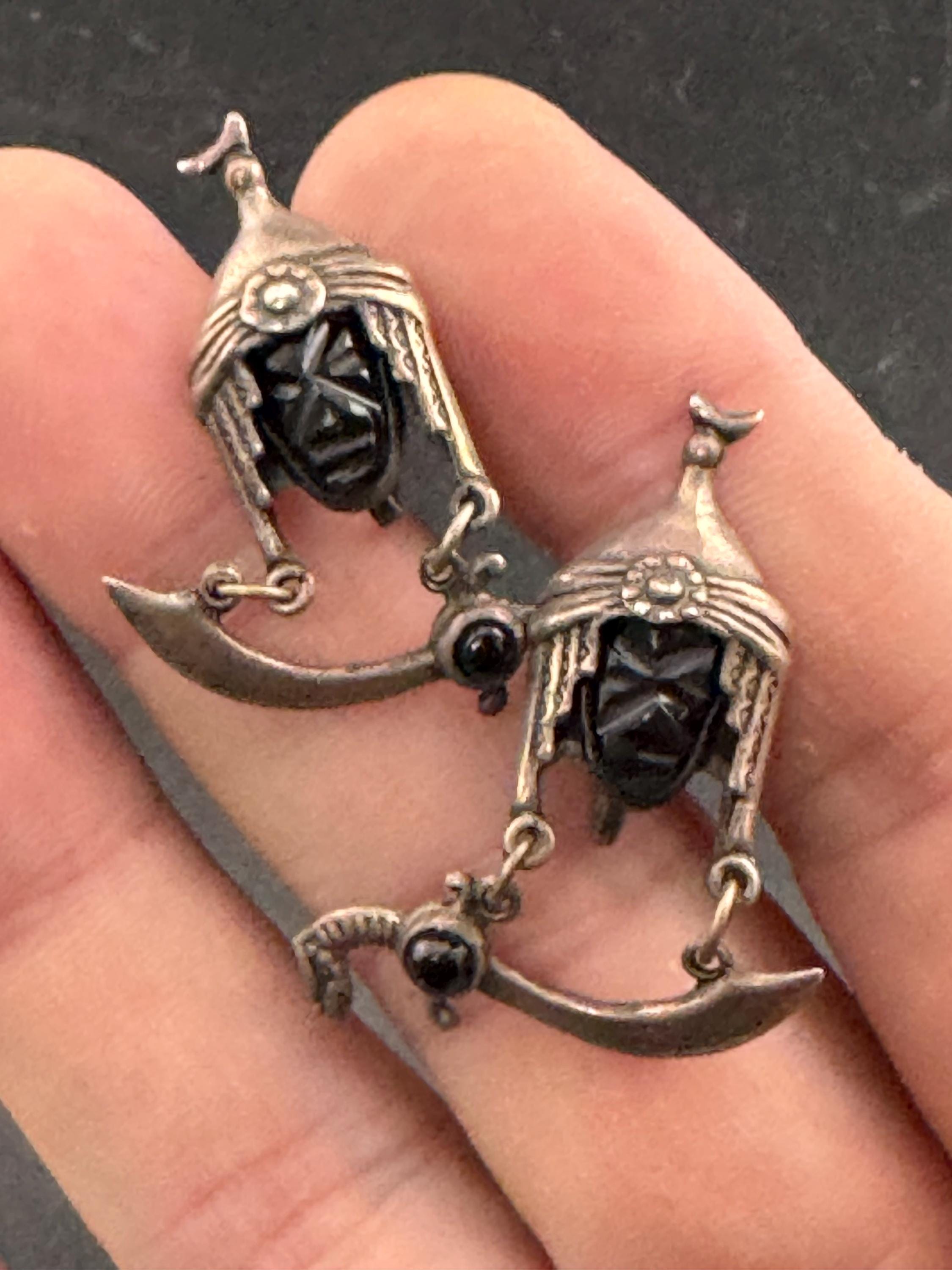 vintage Mexican Sterling silver and Obsidian Moorish Design face earrings, screw back