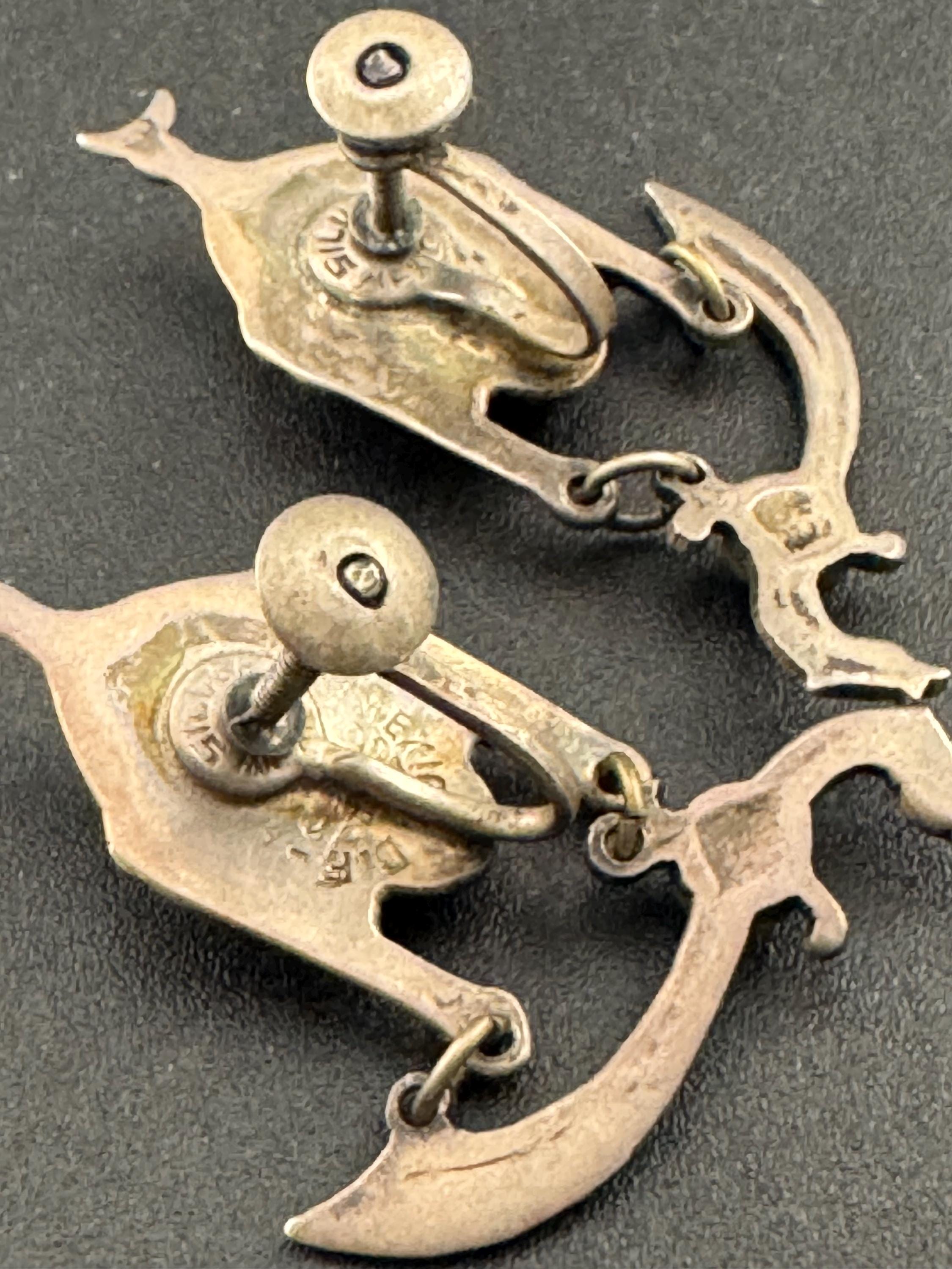 vintage Mexican Sterling silver and Obsidian Moorish Design face earrings, screw back