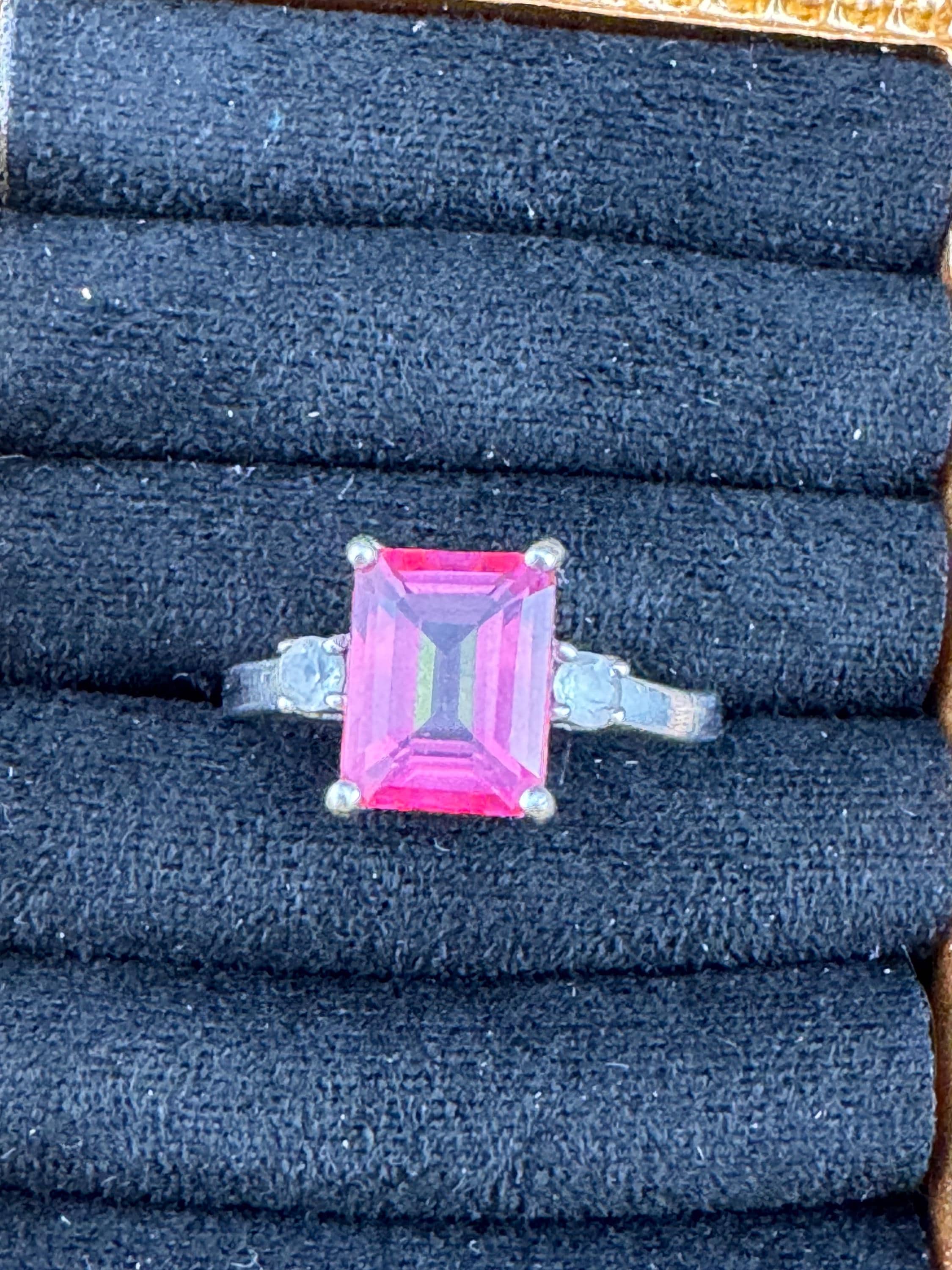 Retro Pink Gemstone Sterling Silver Dress Ring - UK Size N.5