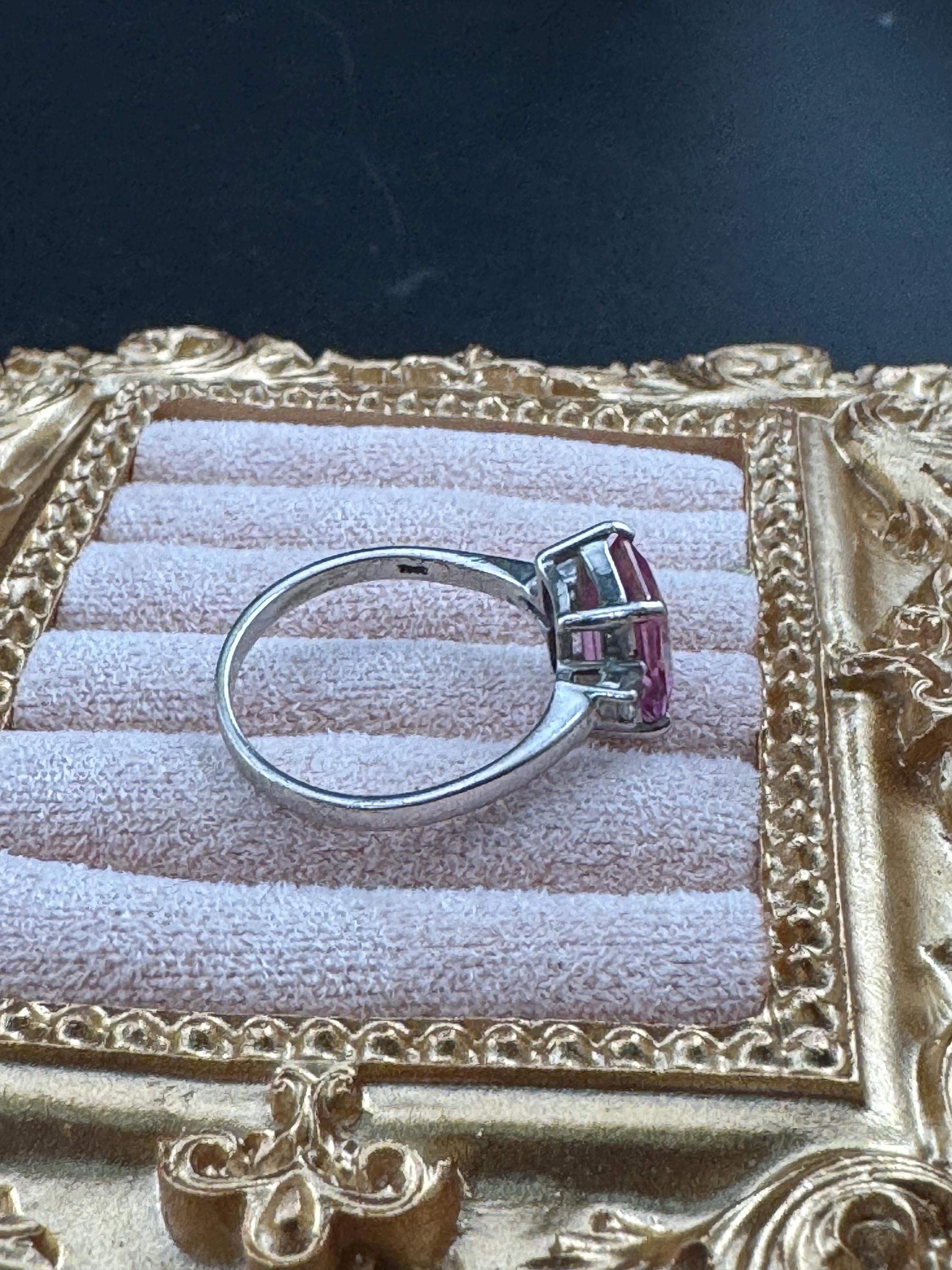 Retro Pink Gemstone Sterling Silver Dress Ring - UK Size N.5