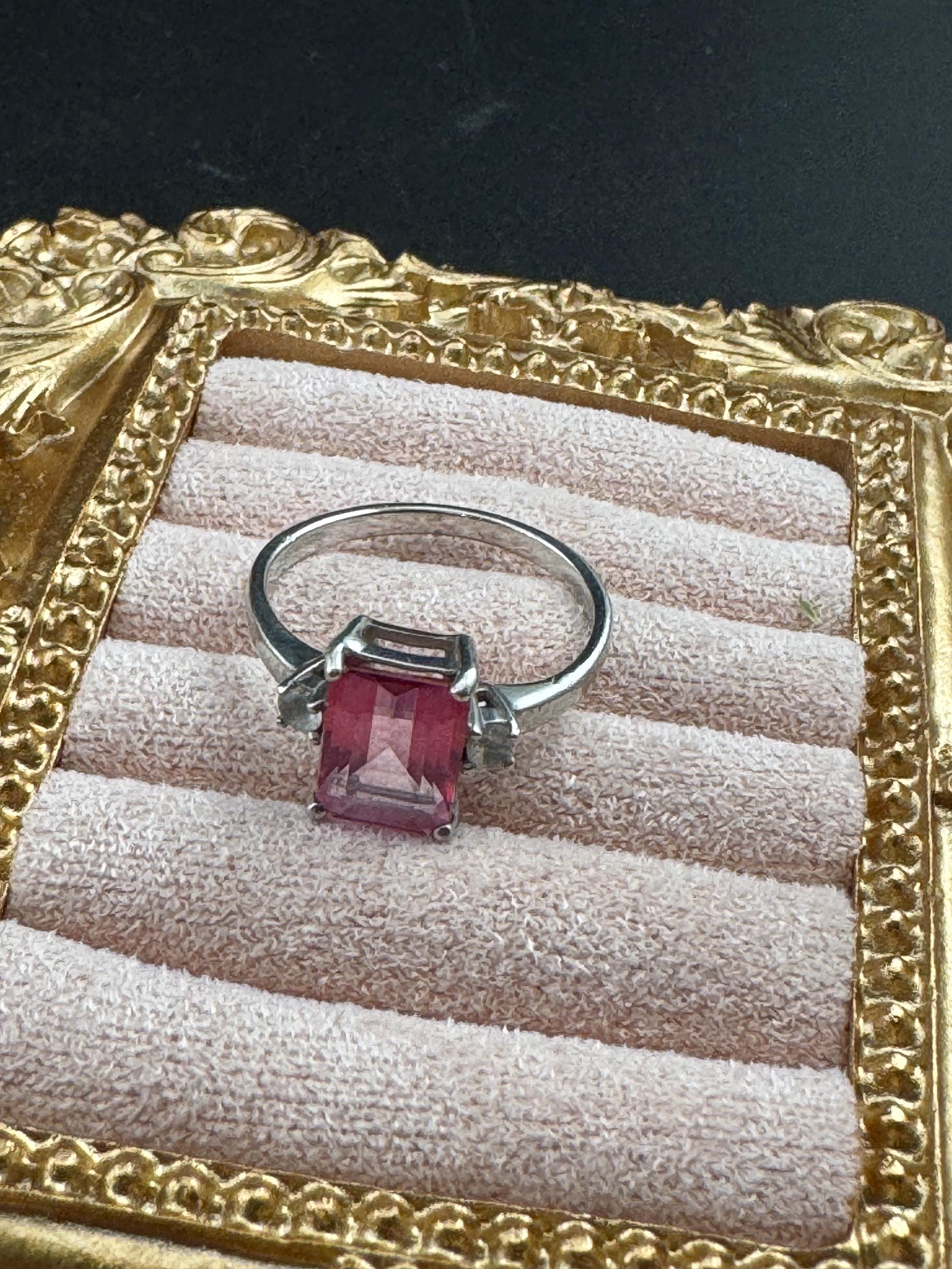 Retro Pink Gemstone Sterling Silver Dress Ring - UK Size N.5