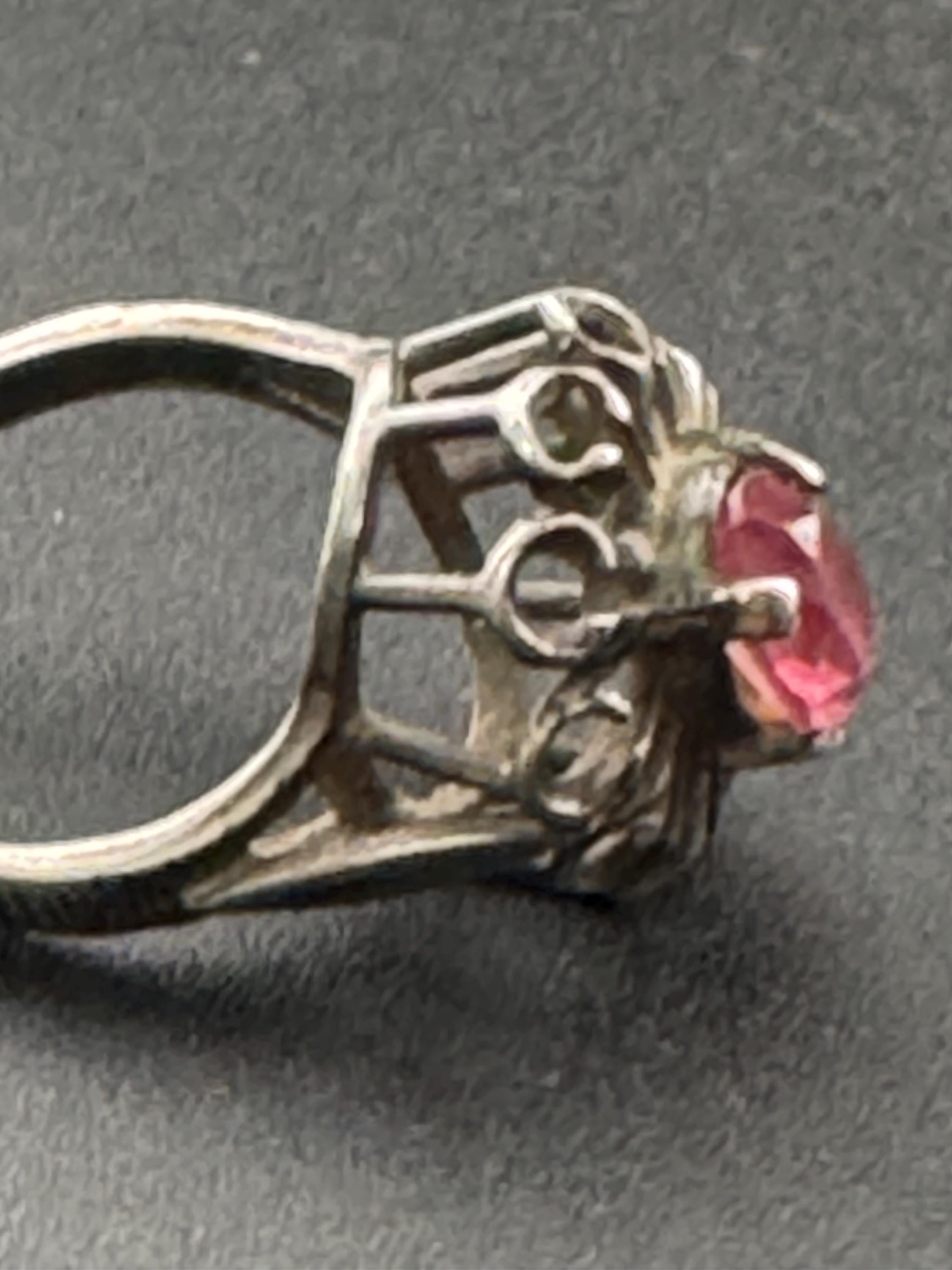 Vintage Pink Gemstone Cocktail Ring: Sterling Silver Modernist Dress Ring, UK Size J.5
