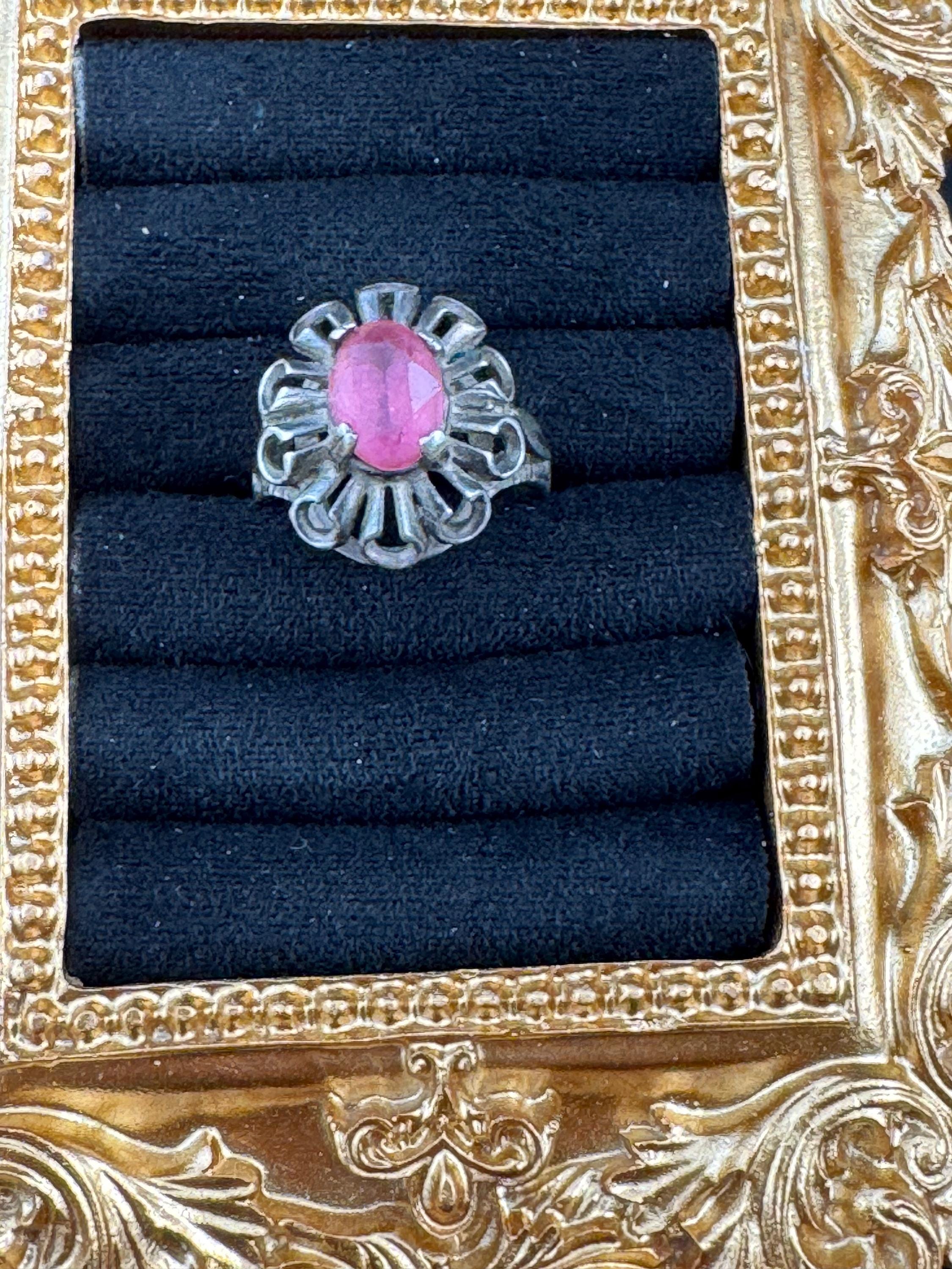 Vintage Pink Gemstone Cocktail Ring: Sterling Silver Modernist Dress Ring, UK Size J.5