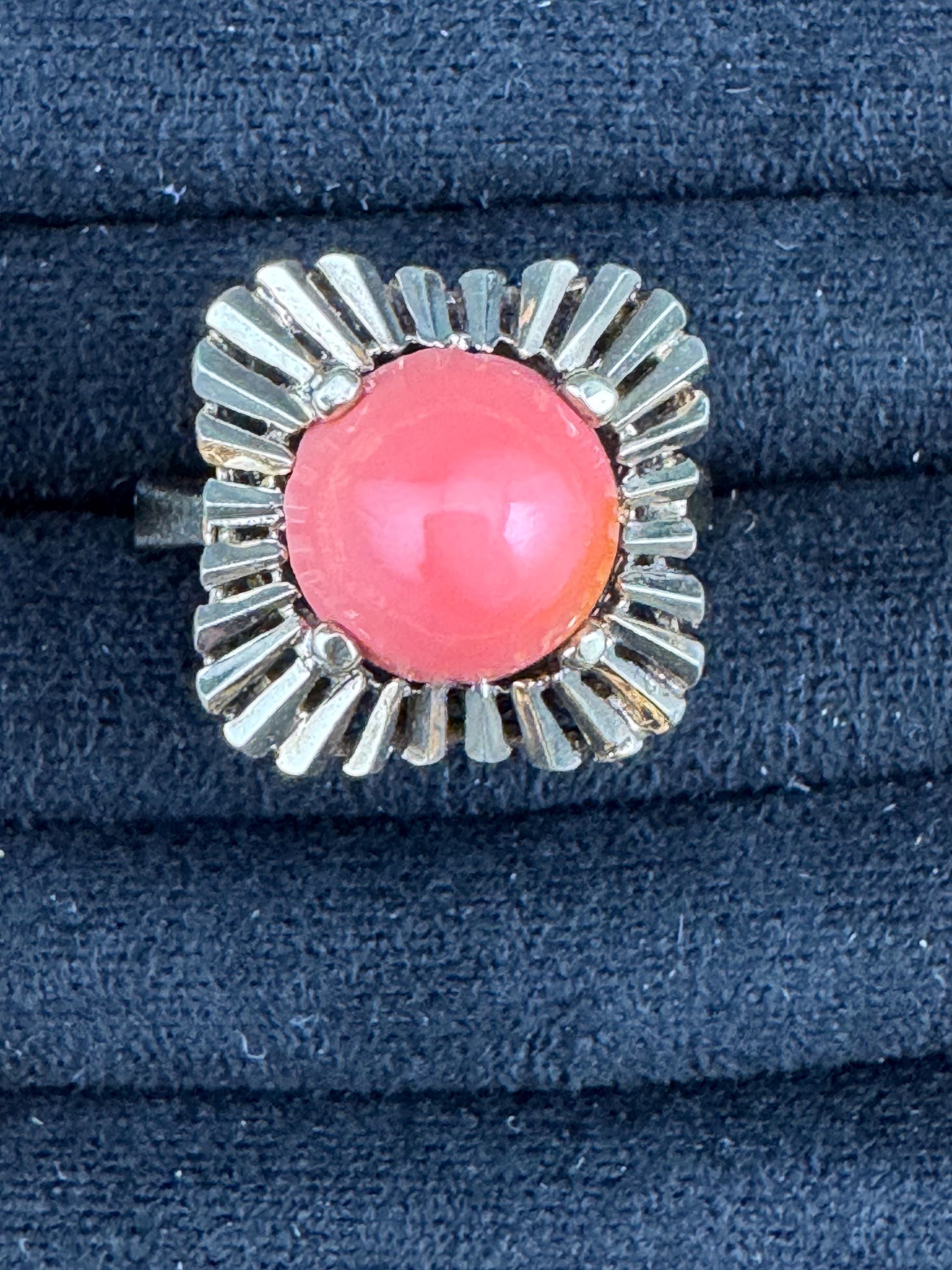 Gold on 925 sterling silver gilt coral cabochon modernist dress ring UK size L M
