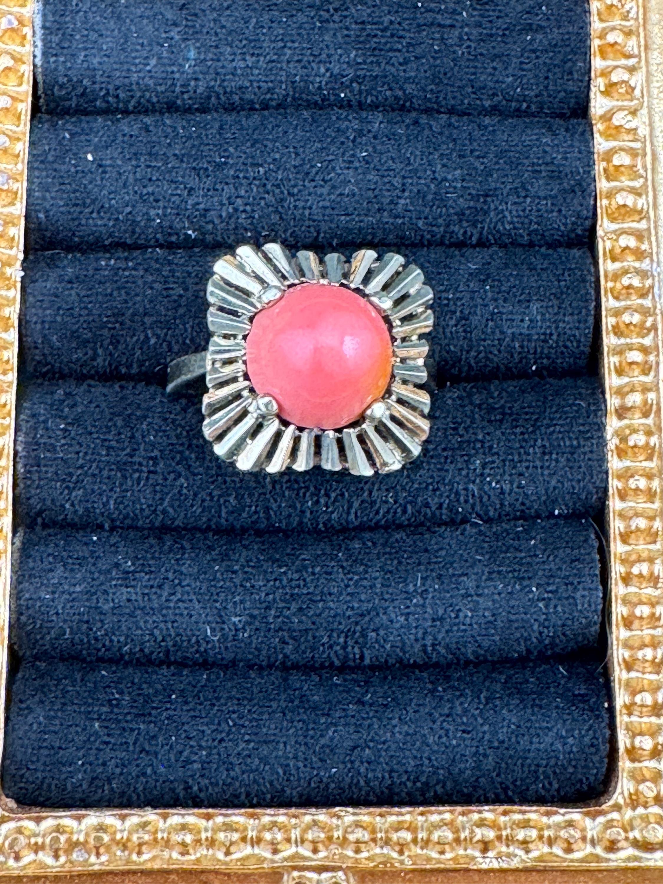 Gold on 925 sterling silver gilt coral cabochon modernist dress ring UK size L M