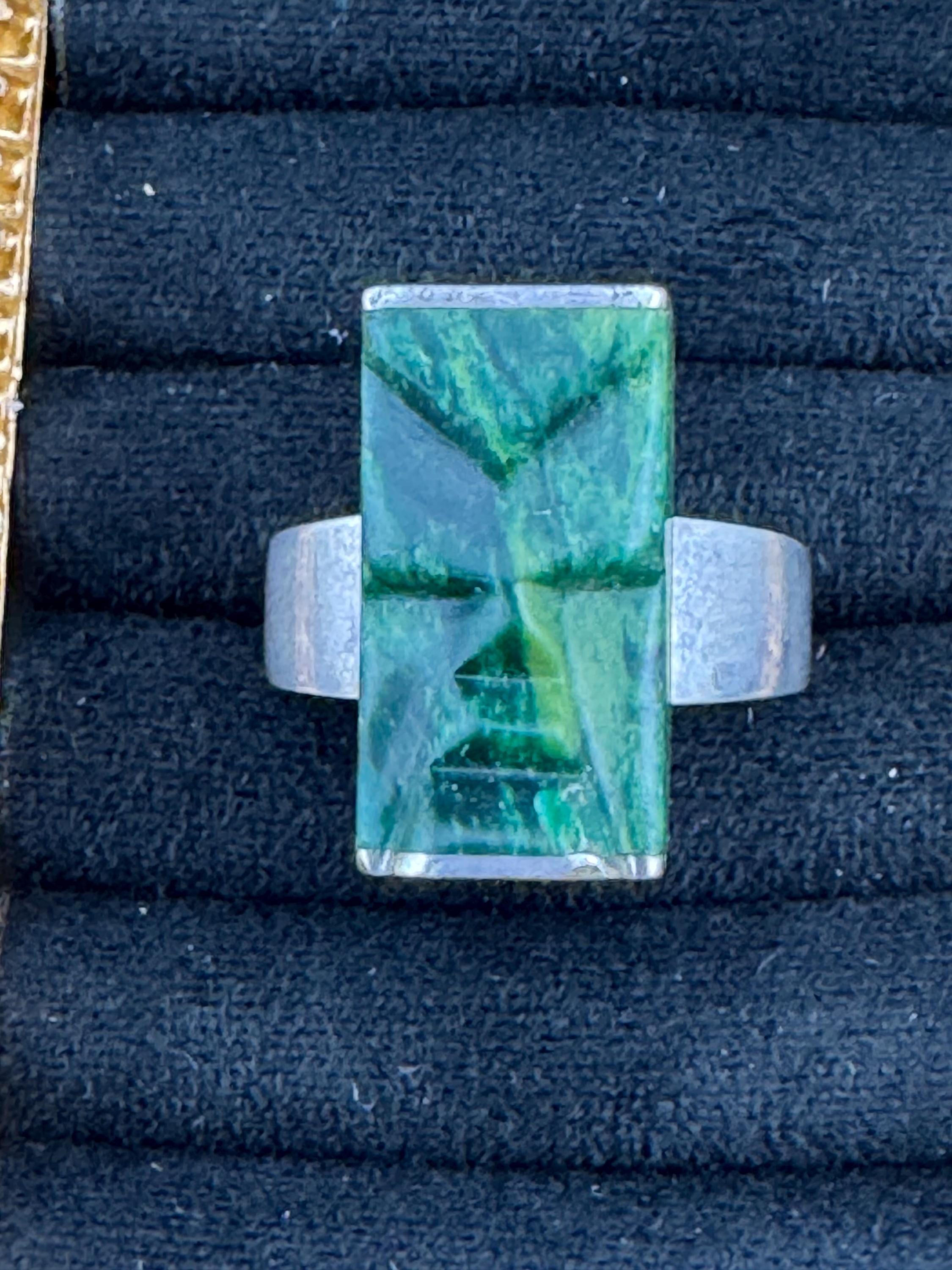 Vintage Sterling Silver South American Carved Green Jade malachite Face Statement Ring / Size 0