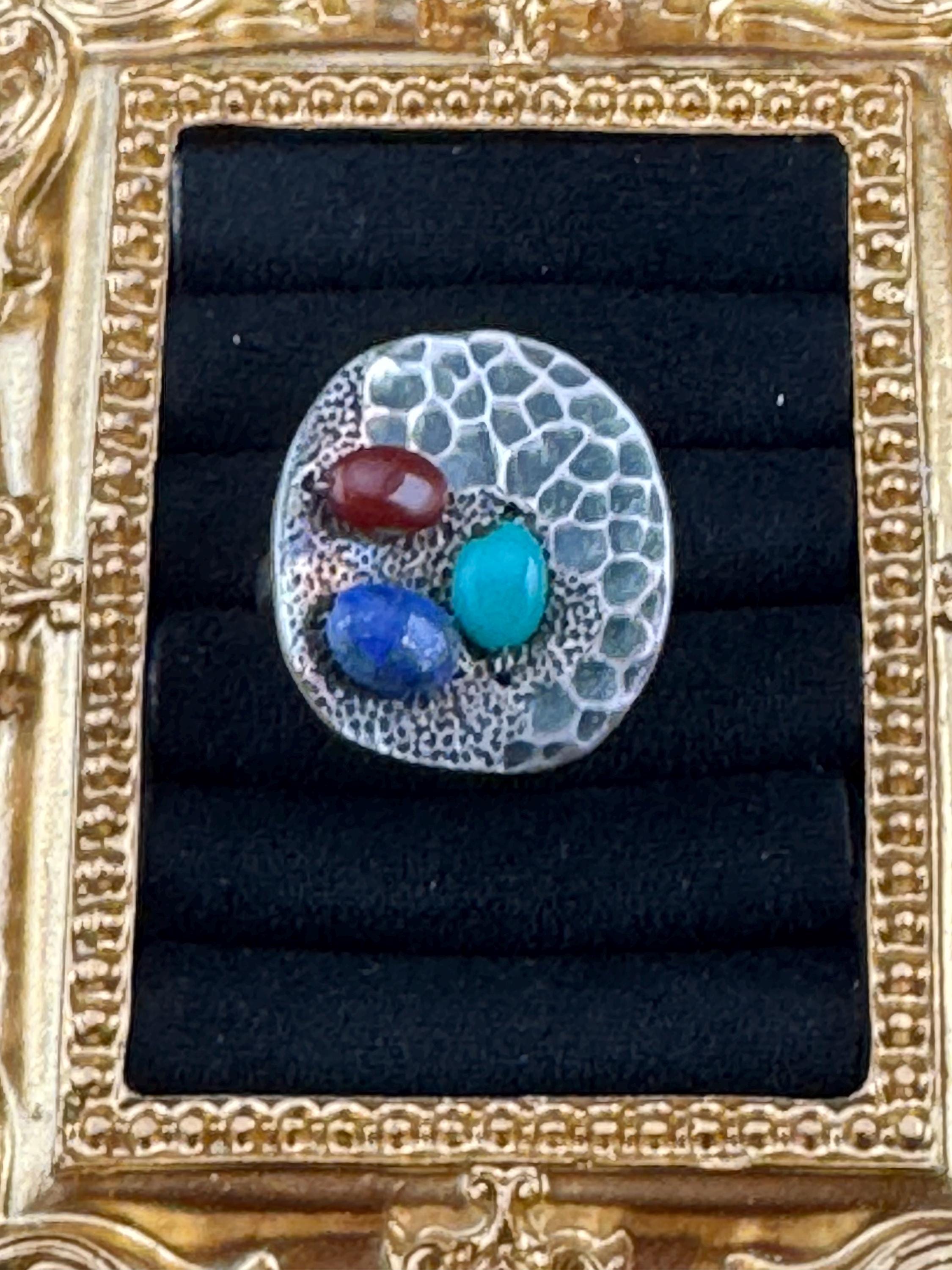 Mens Sterling Silver Gemstone Ring: Lapis, Malachite, Carnelian - UK Size T