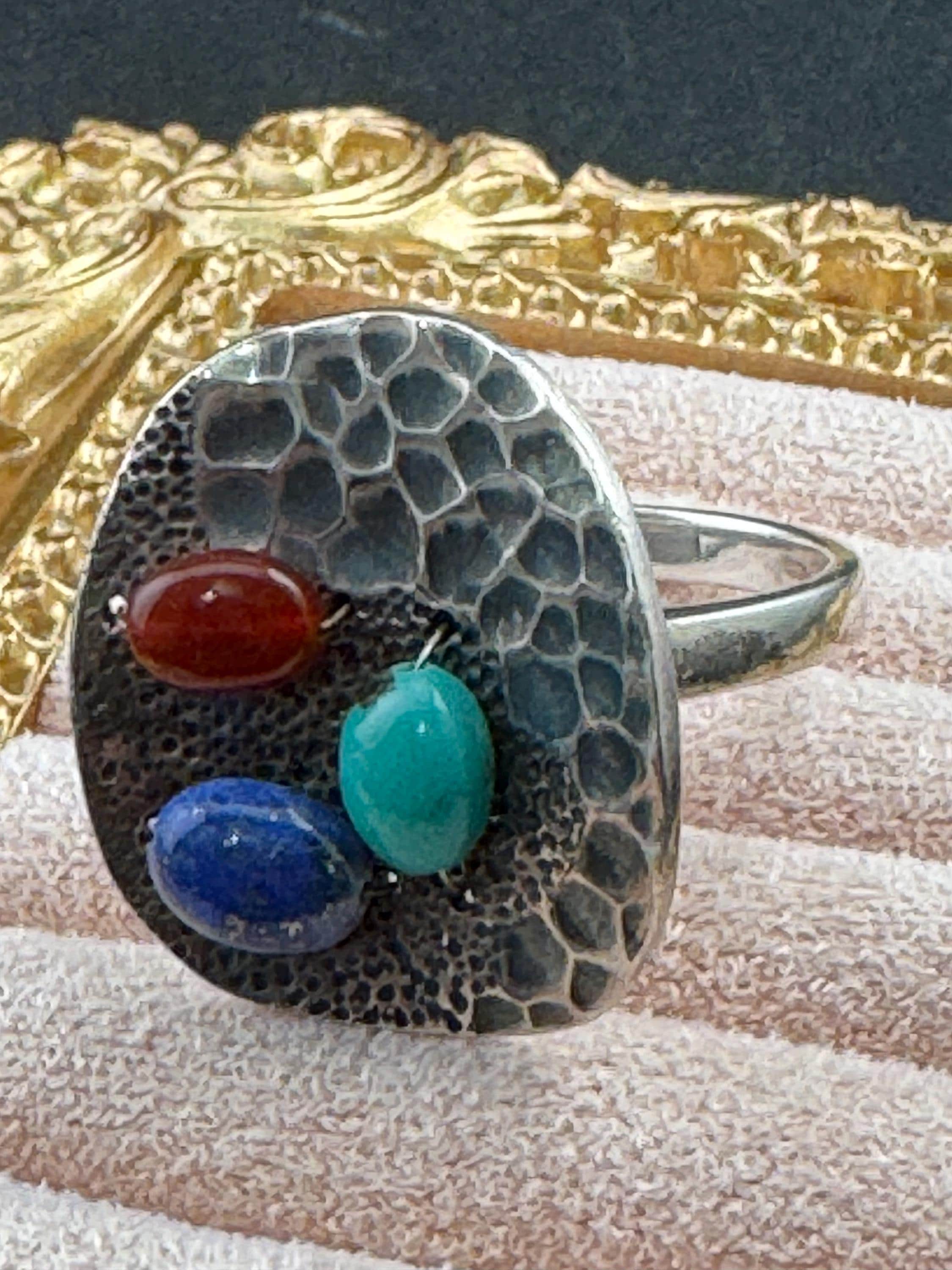 Mens Sterling Silver Gemstone Ring: Lapis, Malachite, Carnelian - UK Size T