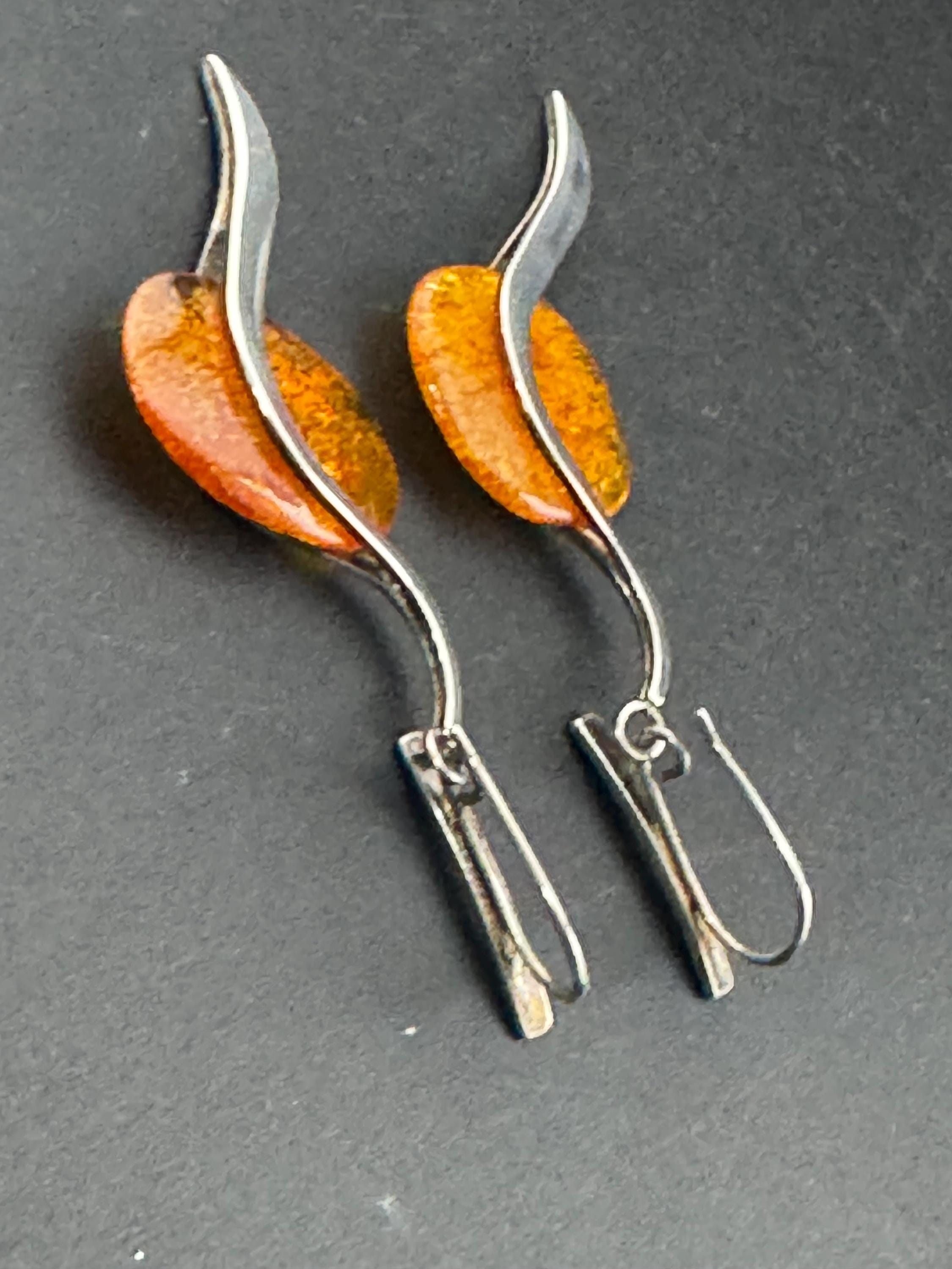 Oversized retro pair of Natural Amber sterling 925 silver drop dangle earrings for pierced ears 12.1grams 7.5cm long