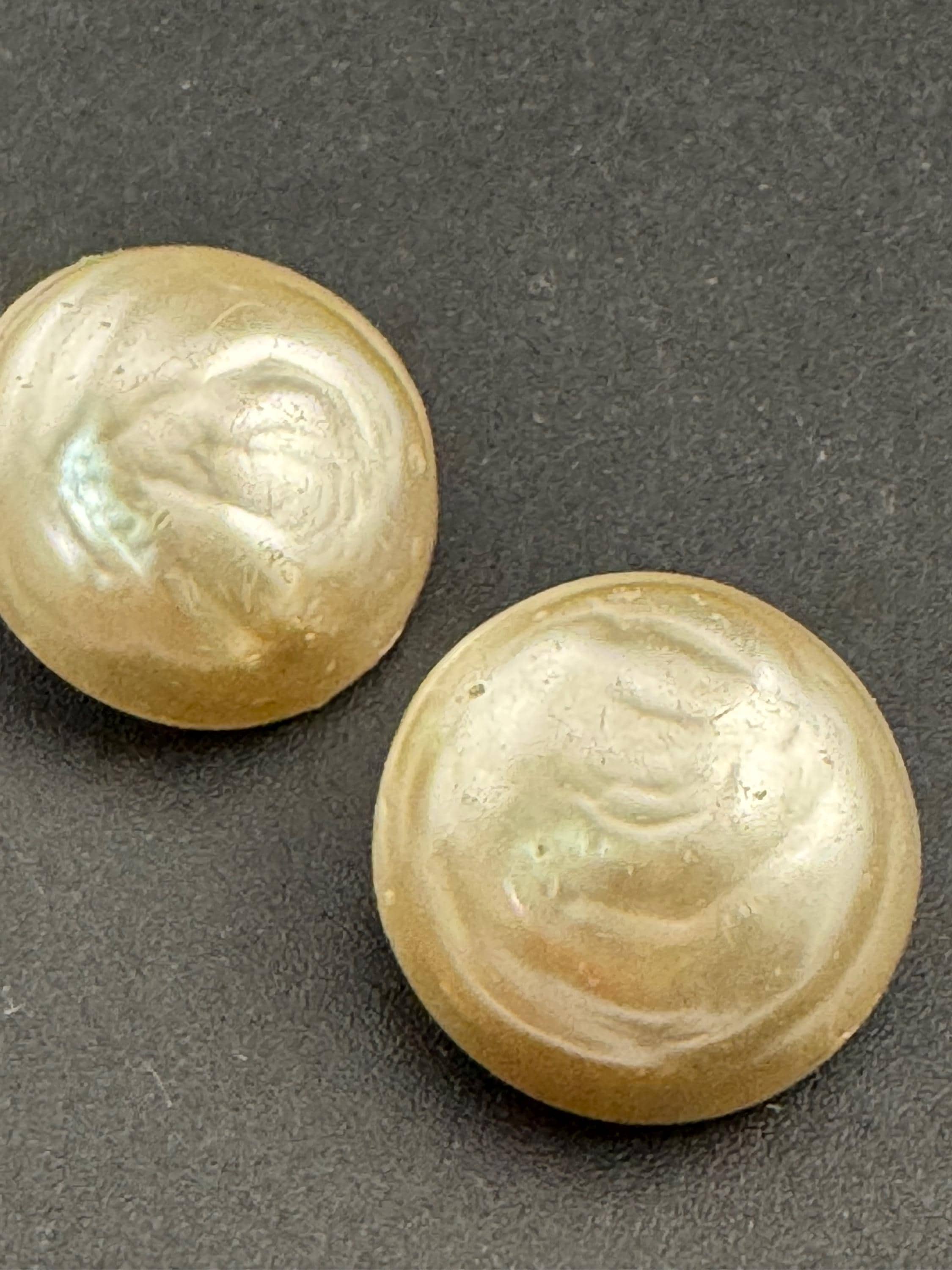 Vintage large sterling silver mid century faux button pearl clip on earrings 925