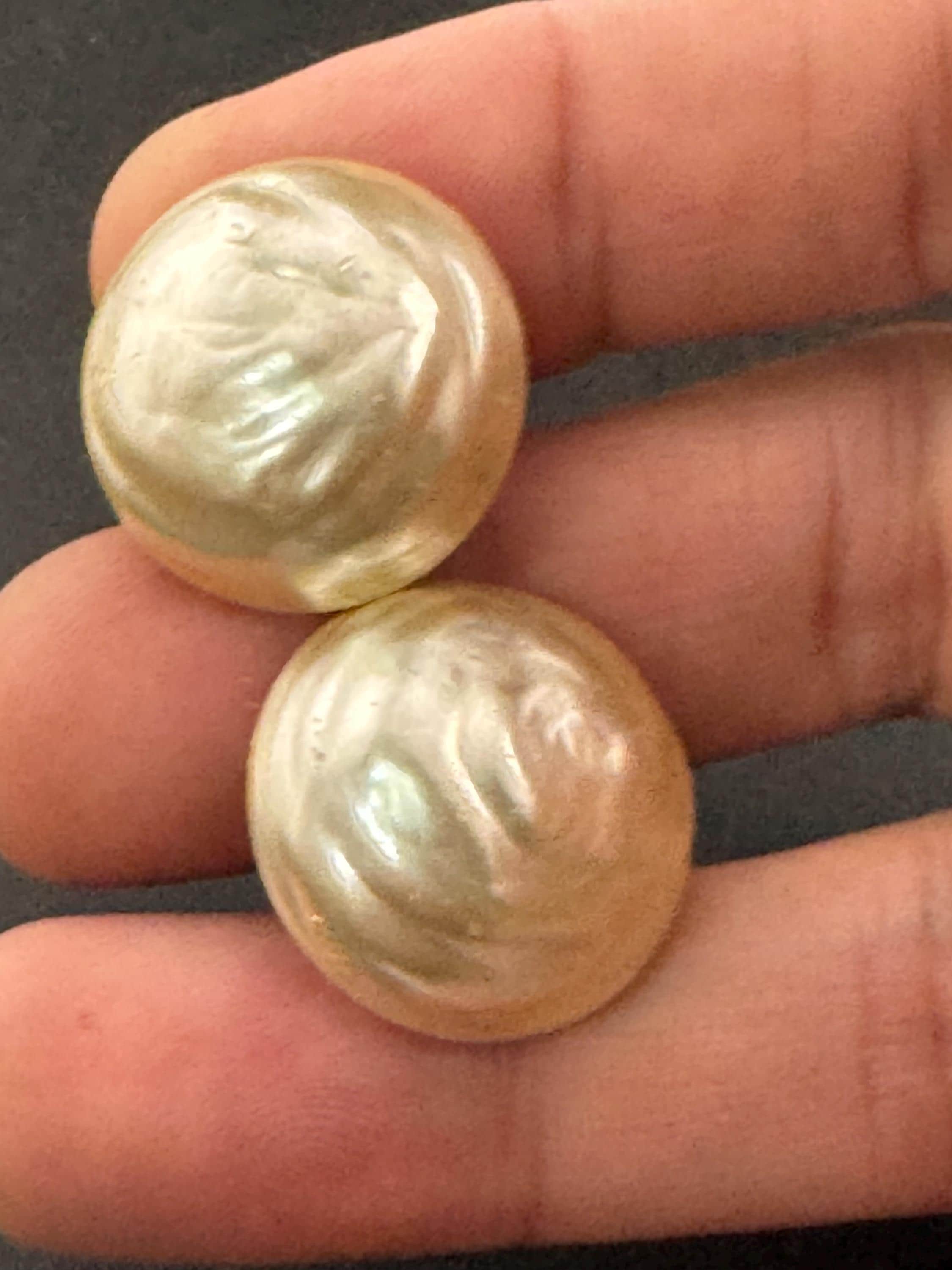 Vintage large sterling silver mid century faux button pearl clip on earrings 925