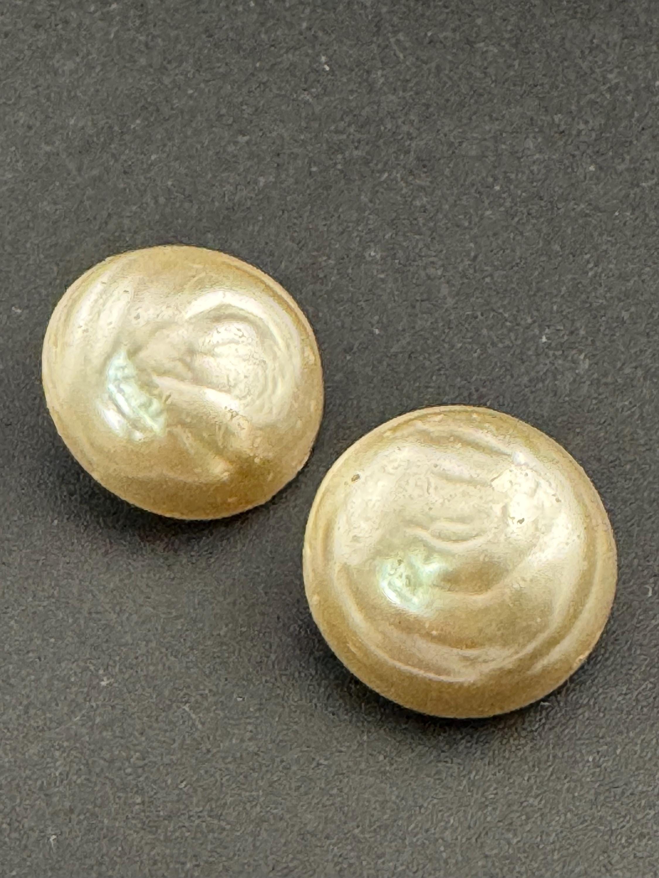 Vintage large sterling silver mid century faux button pearl clip on earrings 925