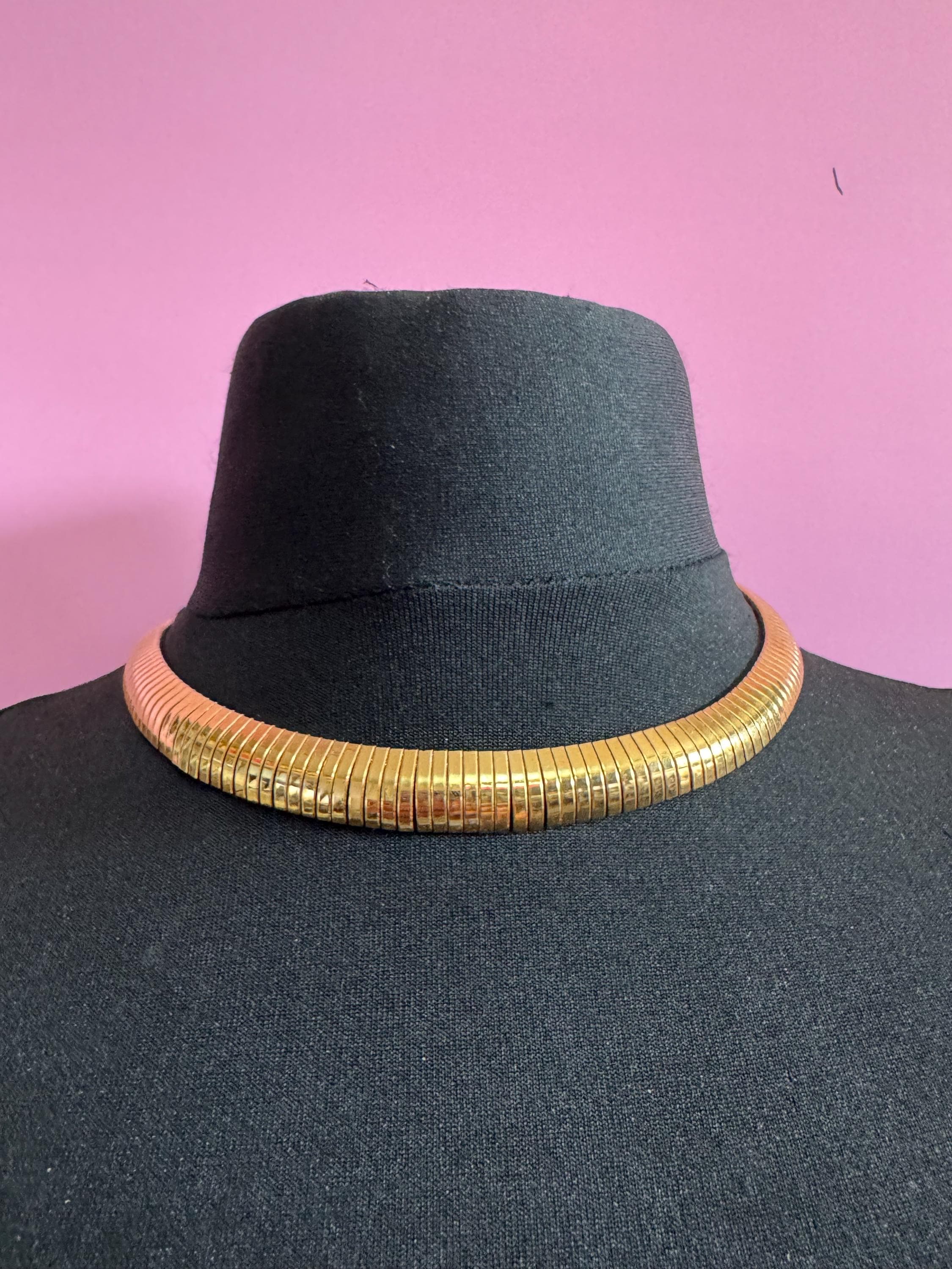 retro gold tone 12mm wide link omega choker collar necklace, Egyptian revival style
