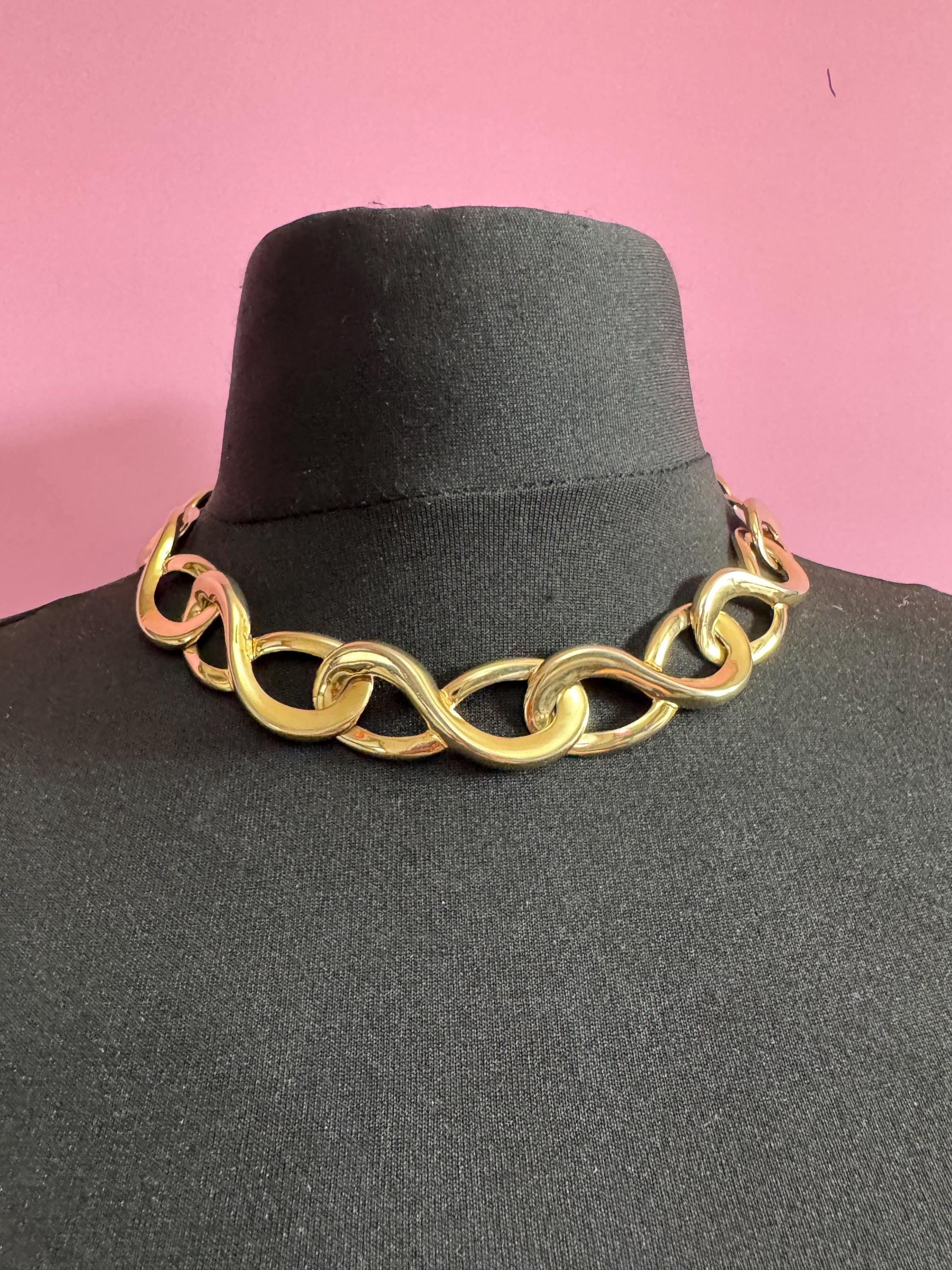80s retro gold tone wide link collar choker necklace curb chain link 46cm