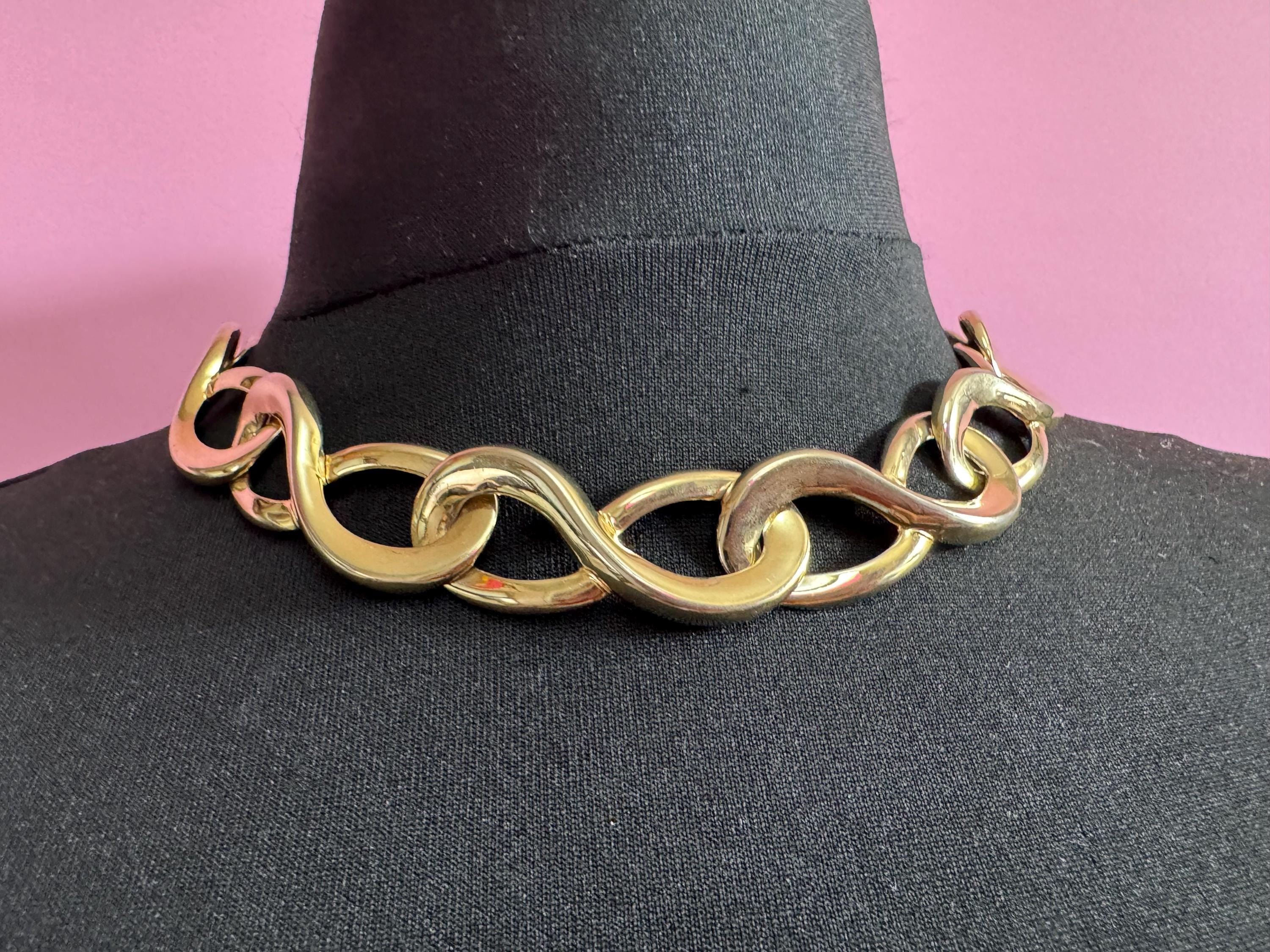 80s retro gold tone wide link collar choker necklace curb chain link 46cm
