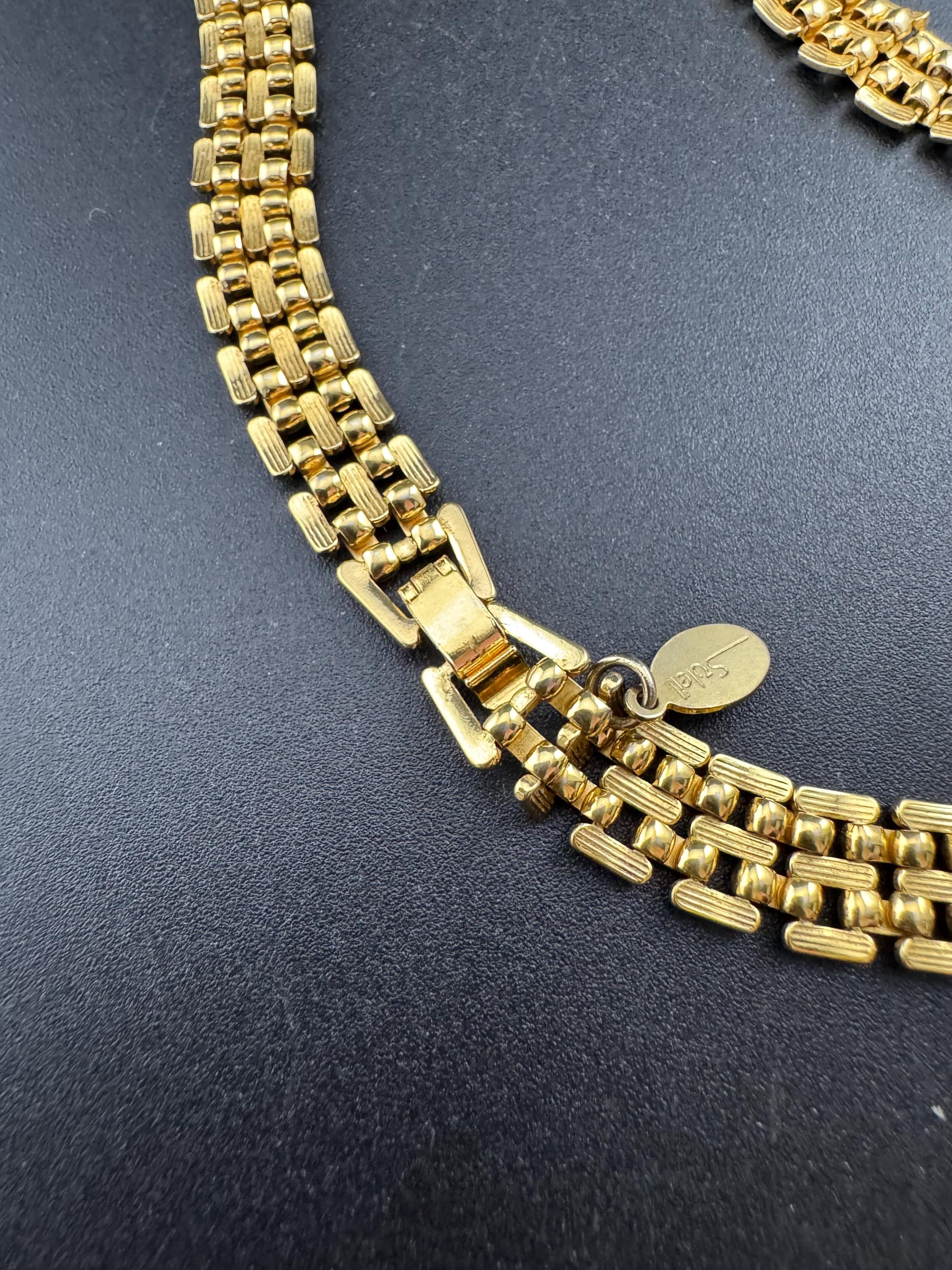 Signed SOLIEL 1980s brick panther link gold tone choker necklace 46cm