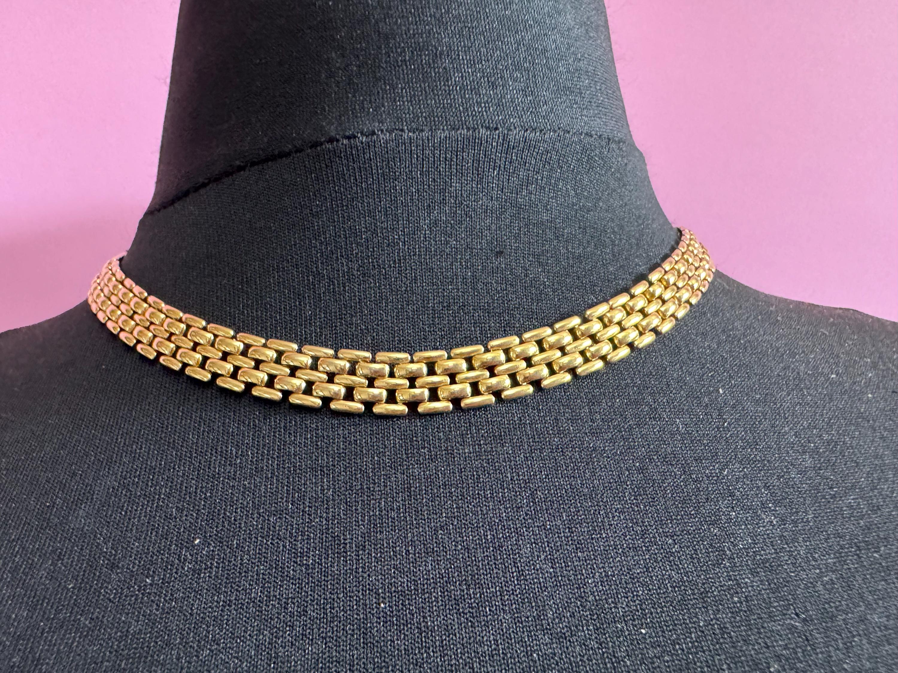 Signed SOLIEL 1980s brick panther link gold tone choker necklace 46cm