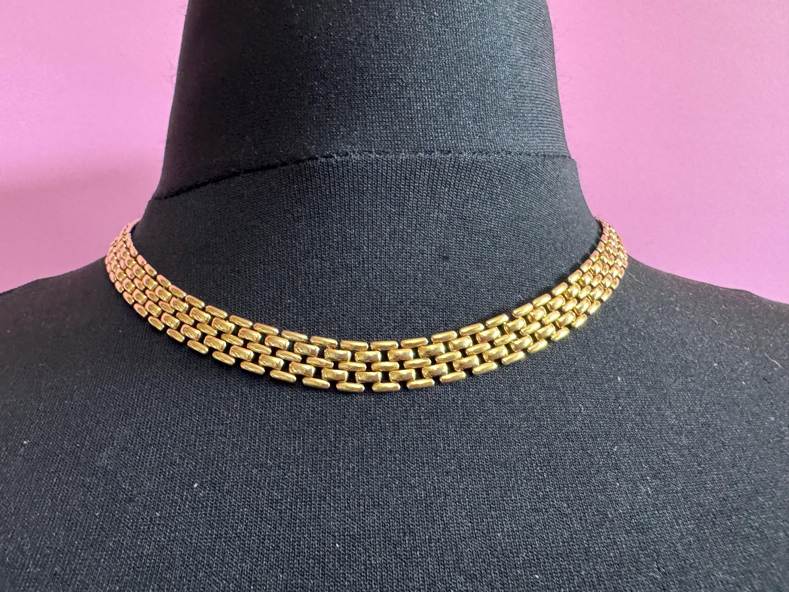 Signed SOLIEL 1980s brick panther link gold tone choker necklace 46cm