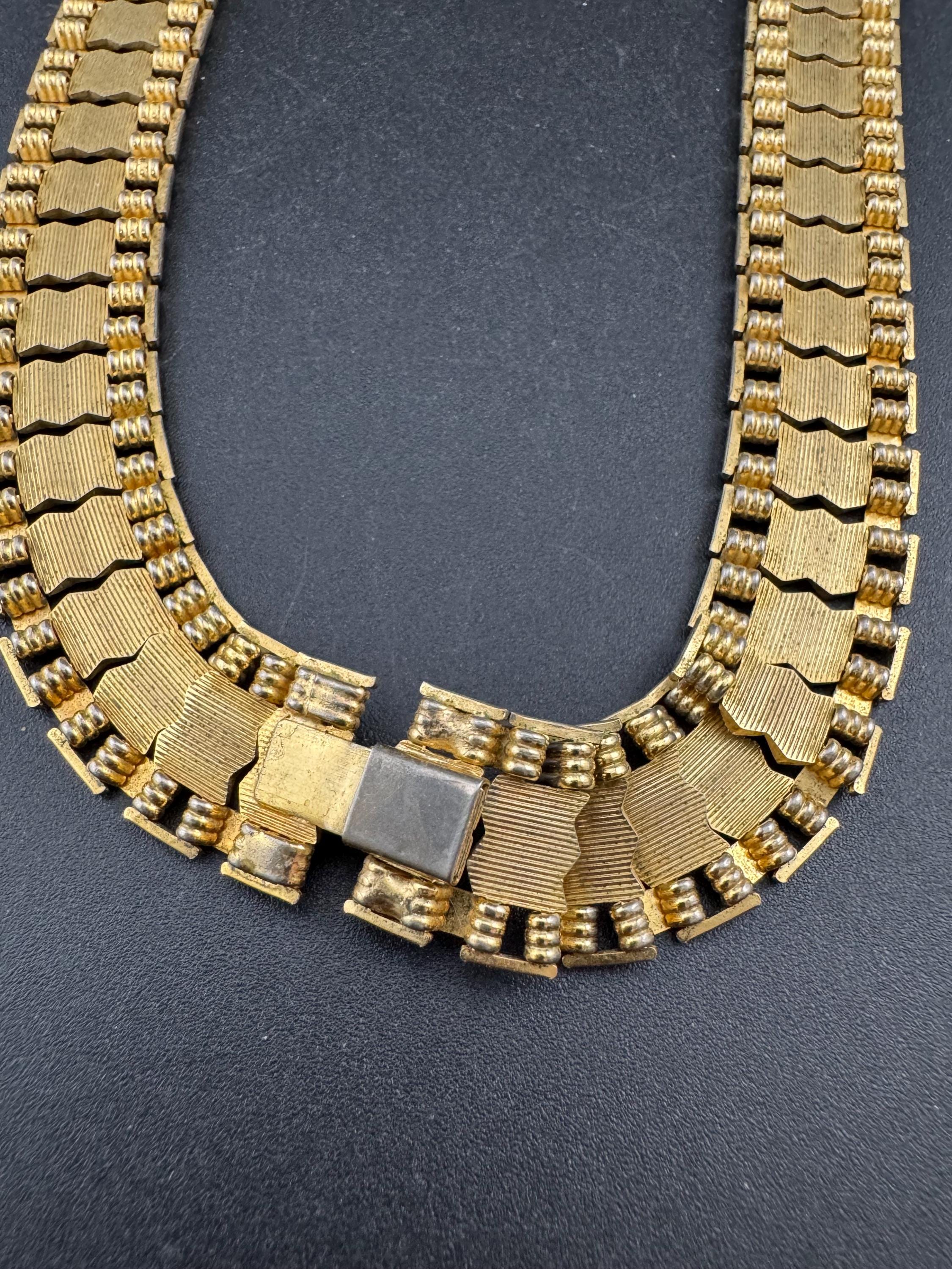 Mid century vintage 42cm Egyptian gold tone wide panel link choker necklace 14mm