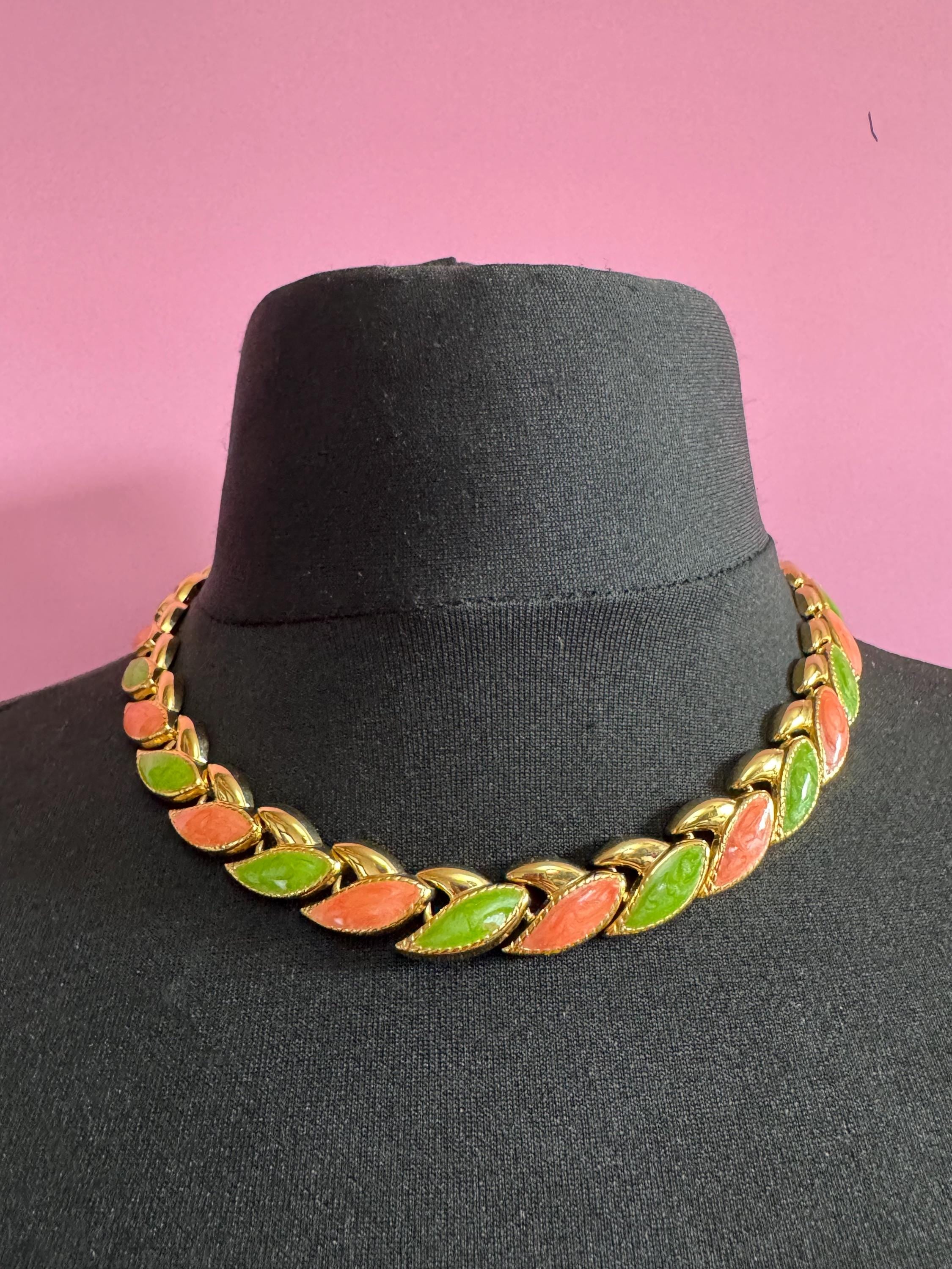 vintage lightweight gold tone embossed pink and lime green enamel choker necklace