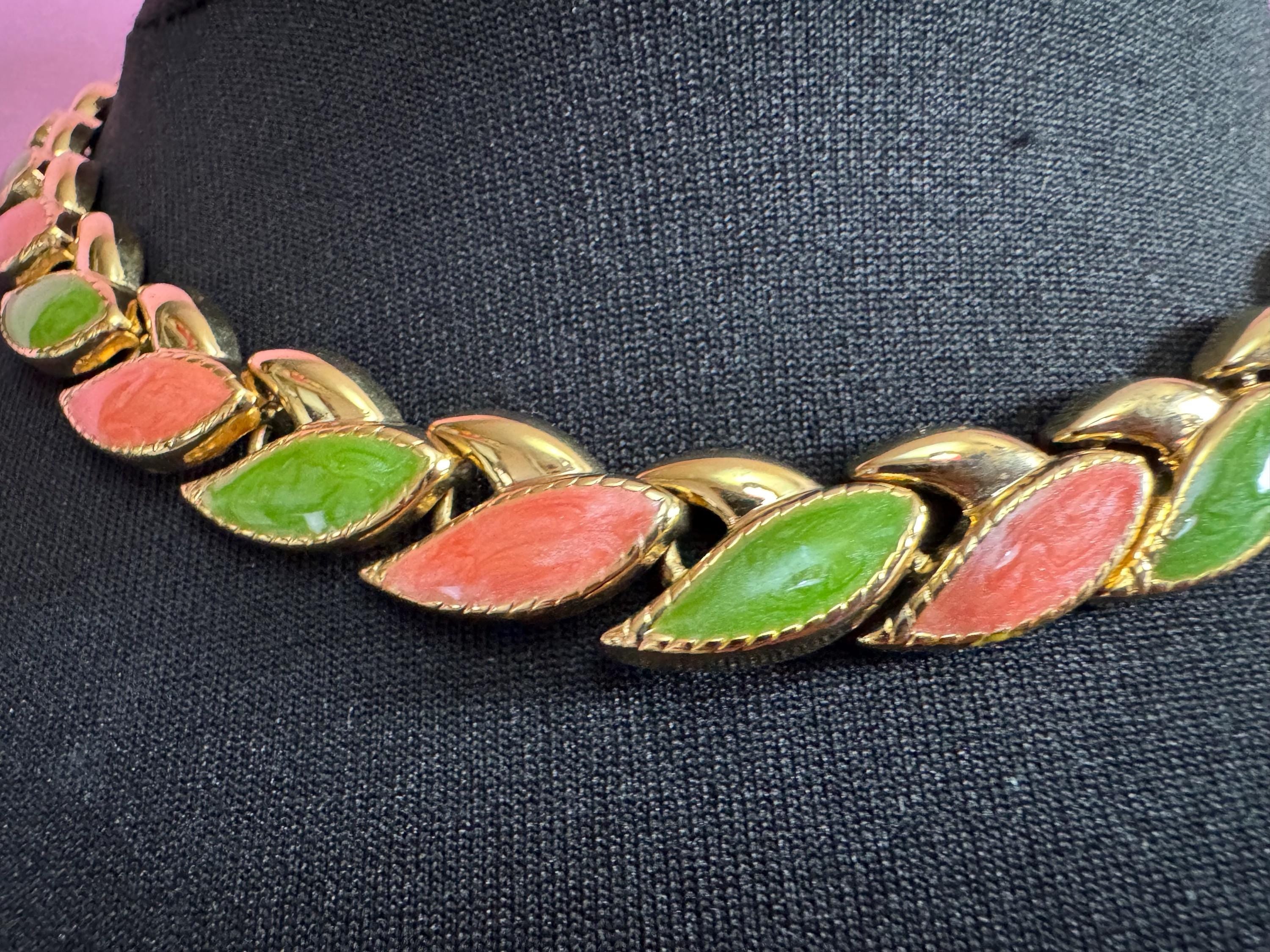 vintage lightweight gold tone embossed pink and lime green enamel choker necklace