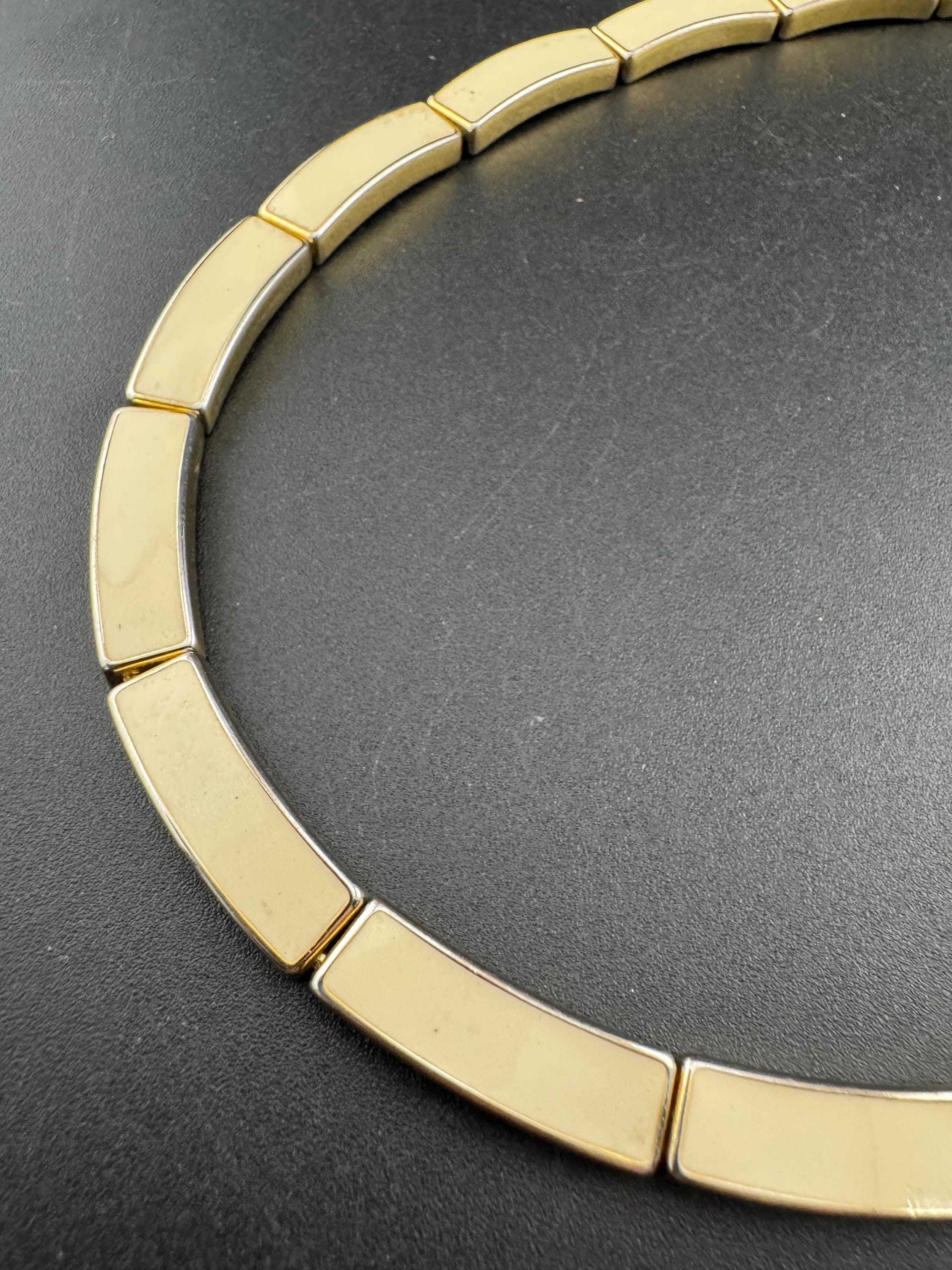 Vintage heavy gold tone and cream enamel panel link choker necklace 45cm