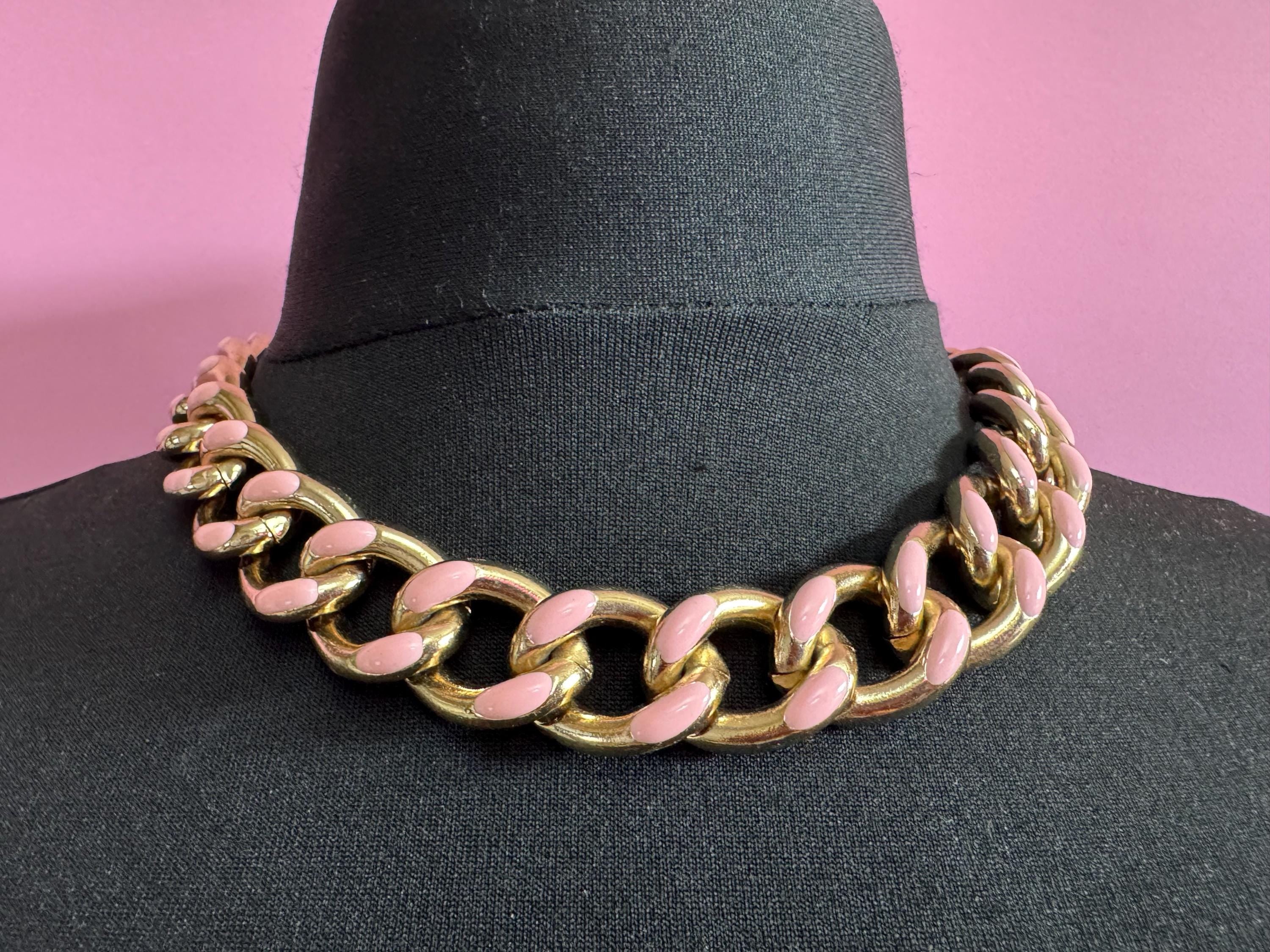 Vintage weighty light pink enamel wide gold tone curb chain choker necklace