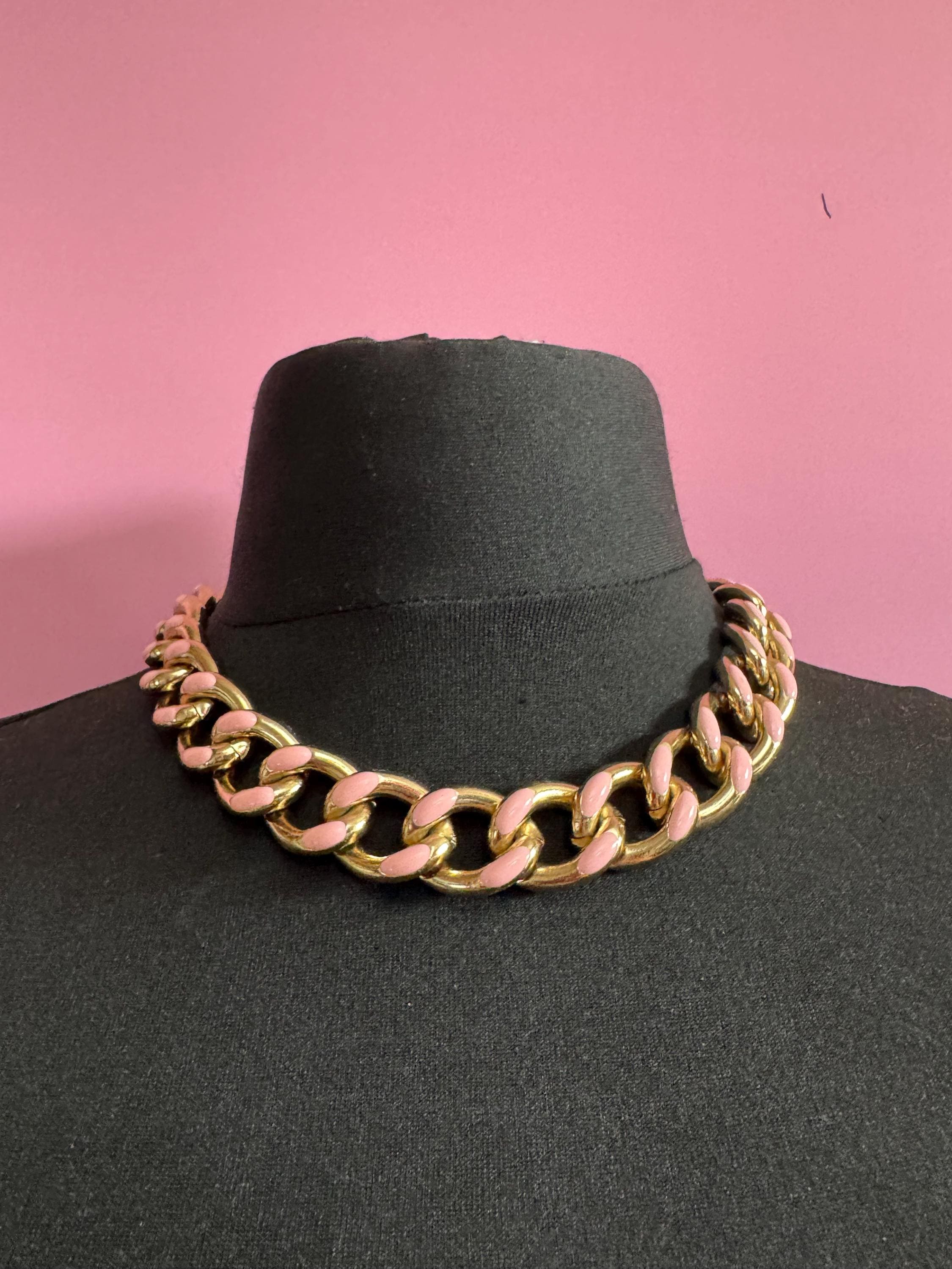 Vintage weighty light pink enamel wide gold tone curb chain choker necklace