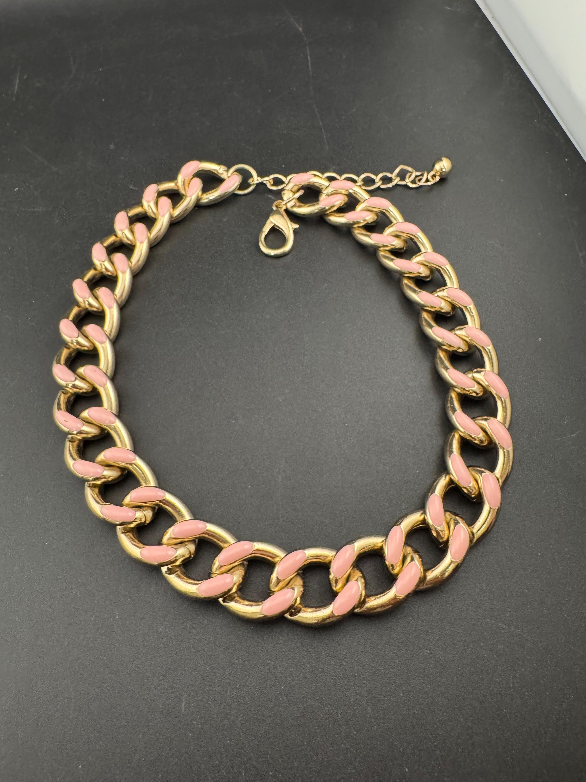 Vintage weighty light pink enamel wide gold tone curb chain choker necklace