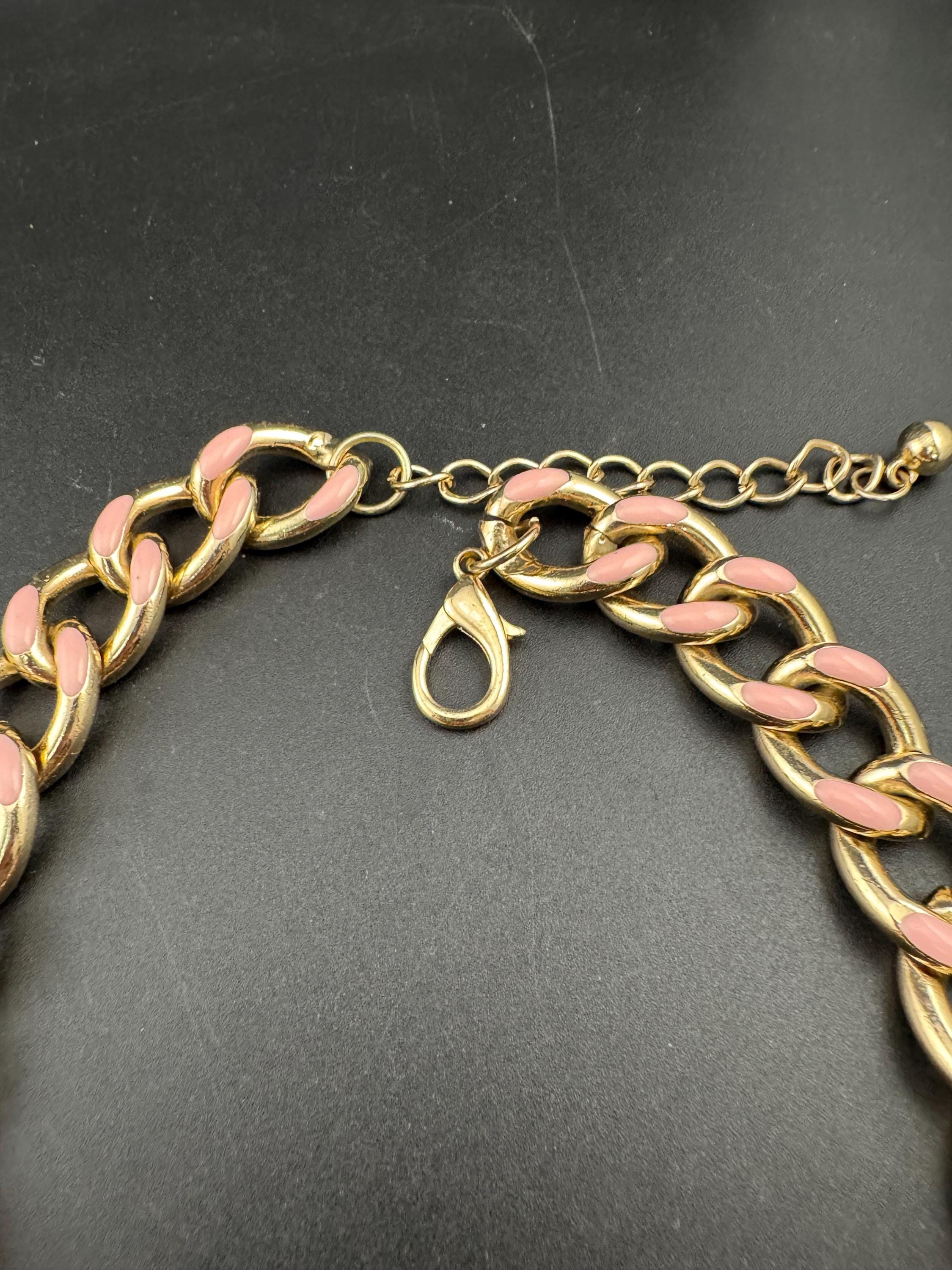 Vintage weighty light pink enamel wide gold tone curb chain choker necklace