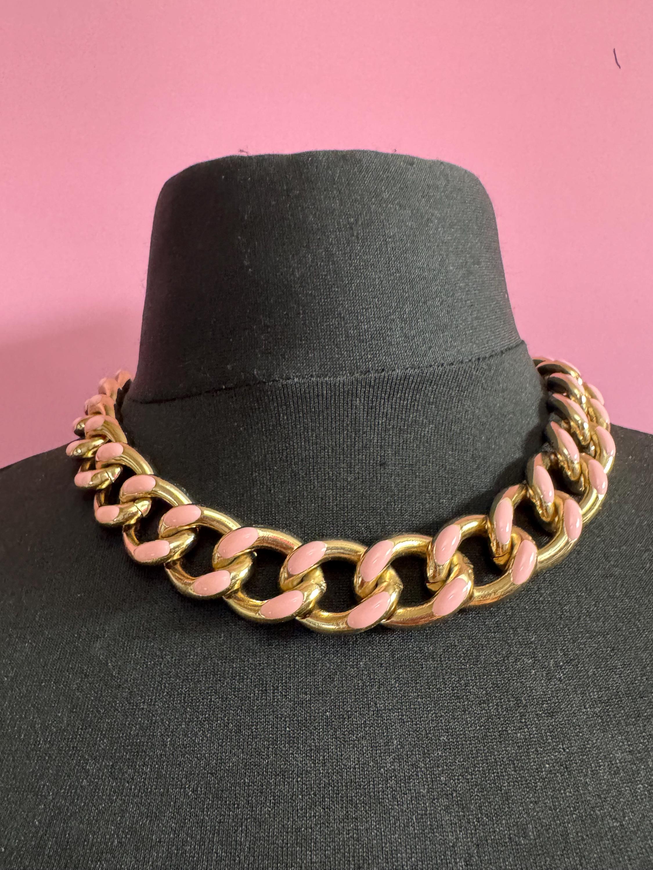 Vintage weighty light pink enamel wide gold tone curb chain choker necklace