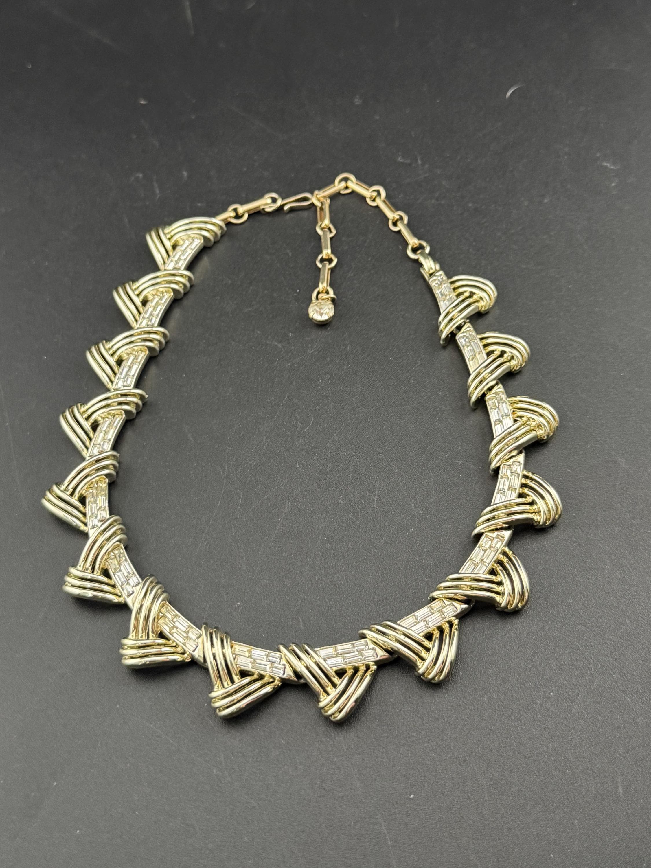 signed COROCRAFT gold tone baguette crystal rhinestone panel link choker collar necklace